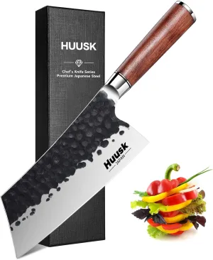 Huusk Cleaver Knife, 7" Japanese Professional Kitchen Knife, High Carbon Steel Sharp Chef Knife for Meat and Vegetable Chopping Knife with Ergonomic Rosewood Handle Gift Box for Dad