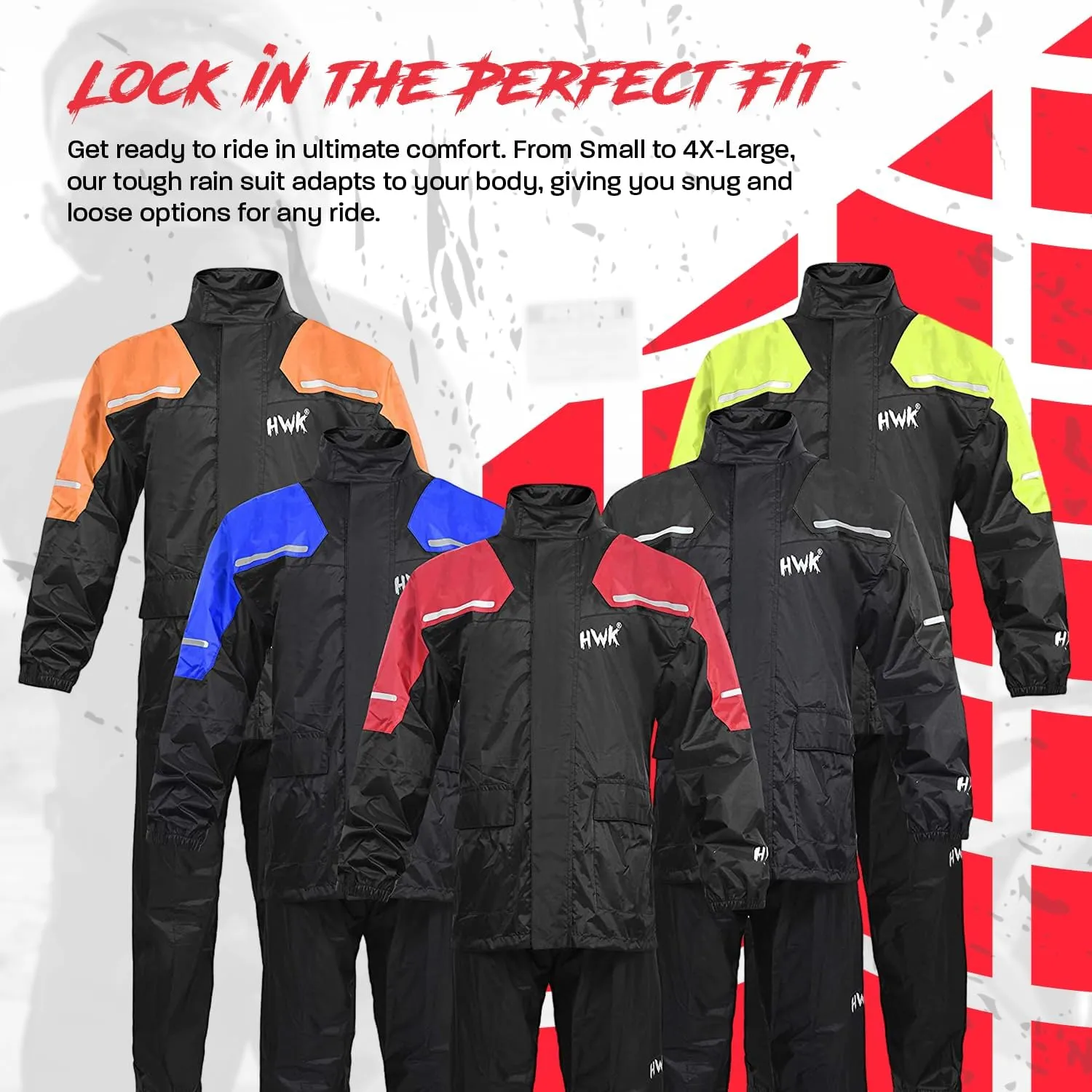 HWK Motorcycle Rain Suit for Men and Women, Two-Piece Waterproof Motorcycle Rain Gear with Reflective Jacket and Pants, All-Season Weatherproof Protection for Riding, Black, X-Large