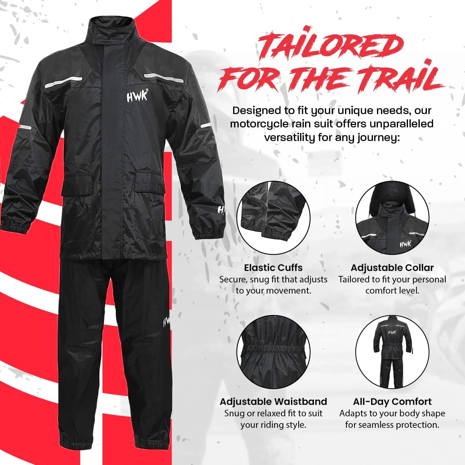 HWK Motorcycle Rain Suit for Men and Women, Two-Piece Waterproof Motorcycle Rain Gear with Reflective Jacket and Pants, All-Season Weatherproof Protection for Riding, Black, X-Large