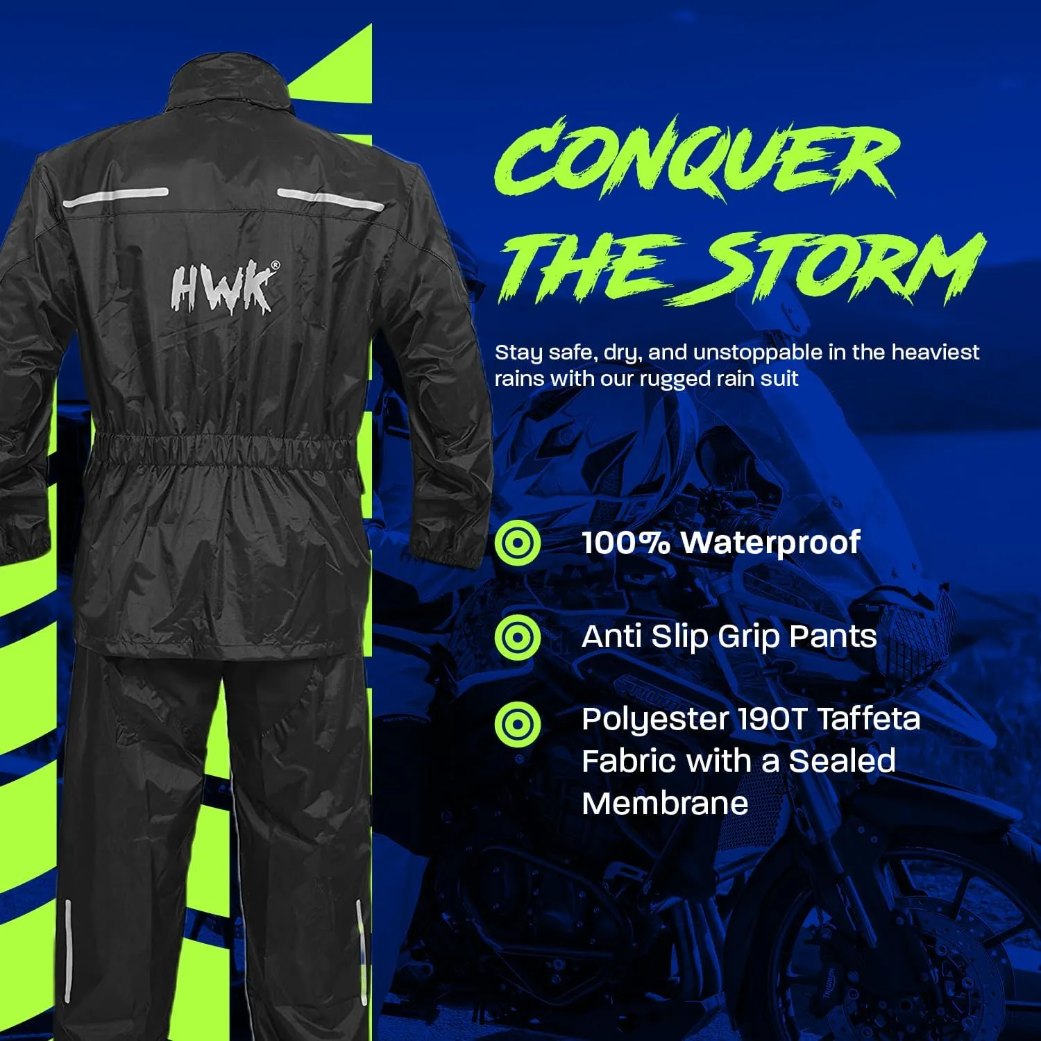 HWK Motorcycle Rain Suit for Men and Women, Two-Piece Waterproof Motorcycle Rain Gear with Reflective Jacket and Pants, All-Season Weatherproof Protection for Riding, Black, X-Large