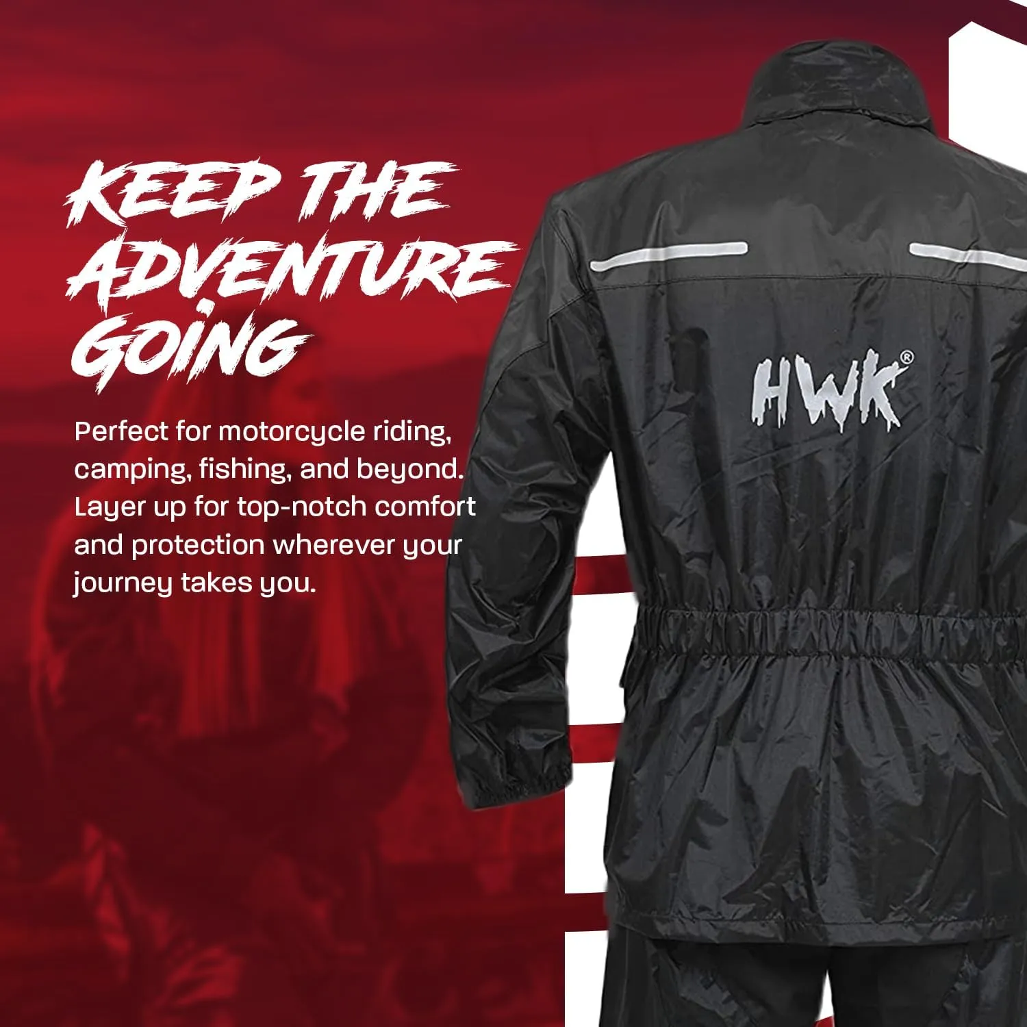 HWK Motorcycle Rain Suit for Men and Women, Two-Piece Waterproof Motorcycle Rain Gear with Reflective Jacket and Pants, All-Season Weatherproof Protection for Riding, Black, X-Large