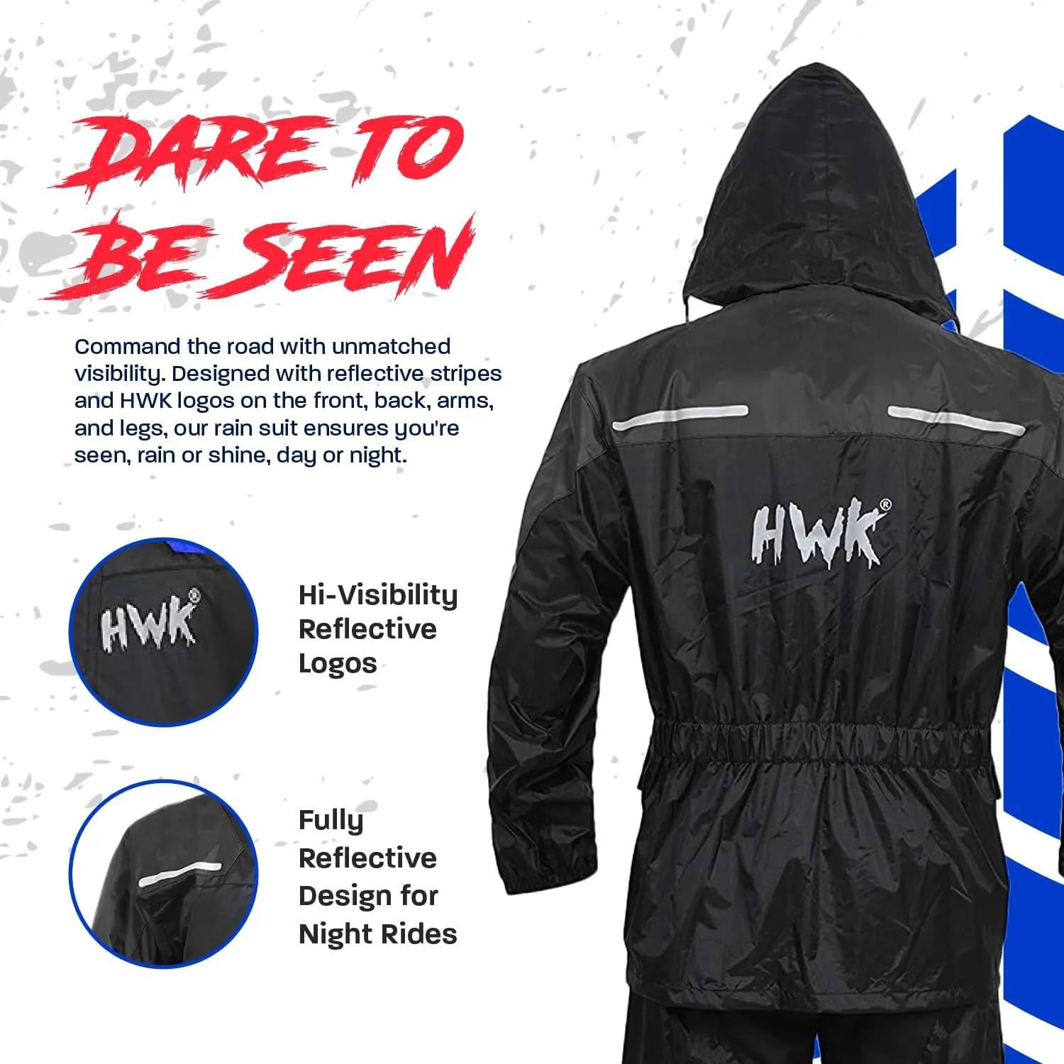 HWK Motorcycle Rain Suit for Men and Women, Two-Piece Waterproof Motorcycle Rain Gear with Reflective Jacket and Pants, All-Season Weatherproof Protection for Riding, Black, X-Large