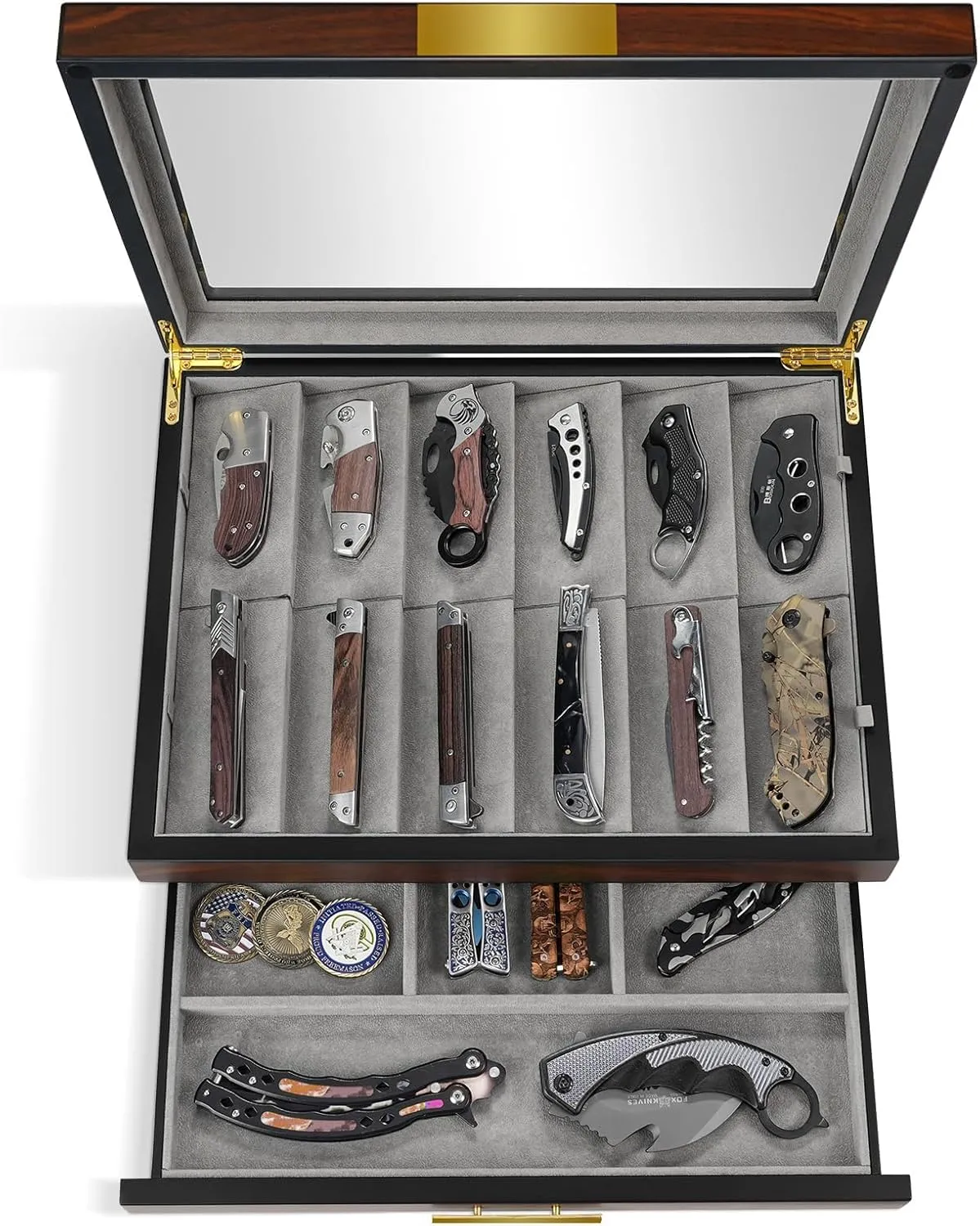 ikkle Pocket Knife Display Case, Two-Tire Knife Display Case with Drawer, Pocket Knife Case with Real Glass Window Top, Pocket Knife Storage and Knife Cases for Collections (Walnut)