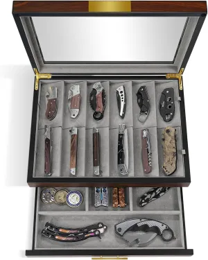 ikkle Pocket Knife Display Case, Two-Tire Knife Display Case with Drawer, Pocket Knife Case with Real Glass Window Top, Pocket Knife Storage and Knife Cases for Collections (Walnut)
