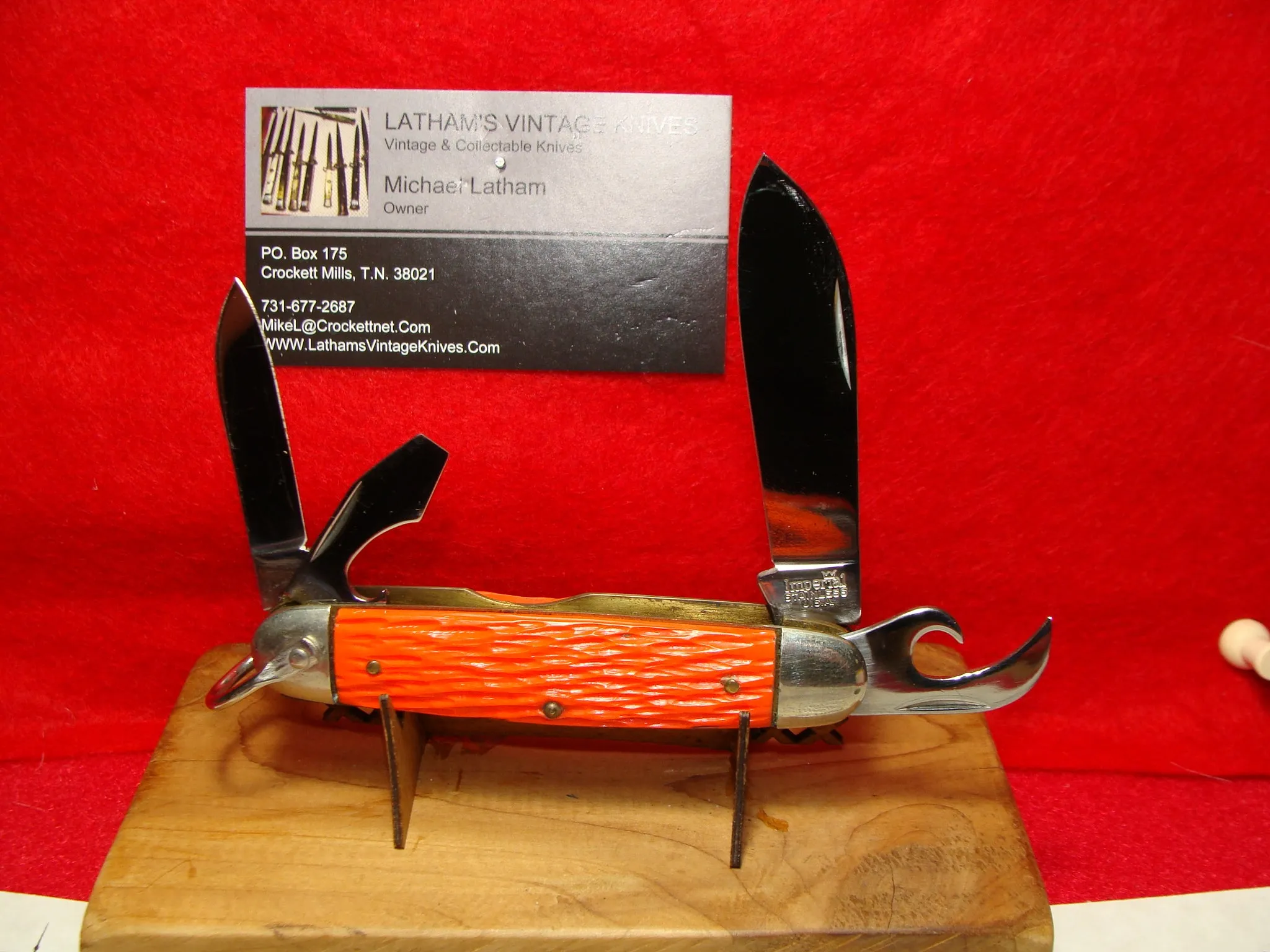 IMPERIAL STAINLESS USA 1960-76 MILITARY PROTOTYPE 4 BLADE UTILITY FOLDING NON AUTOMATIC KNIFE ORANGE DELRIN HANDLES PART OF THE SCHRADE FACTORY COLLECTION