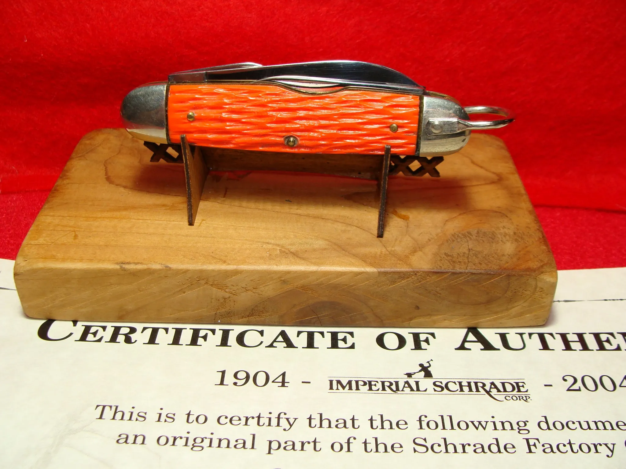 IMPERIAL STAINLESS USA 1960-76 MILITARY PROTOTYPE 4 BLADE UTILITY FOLDING NON AUTOMATIC KNIFE ORANGE DELRIN HANDLES PART OF THE SCHRADE FACTORY COLLECTION