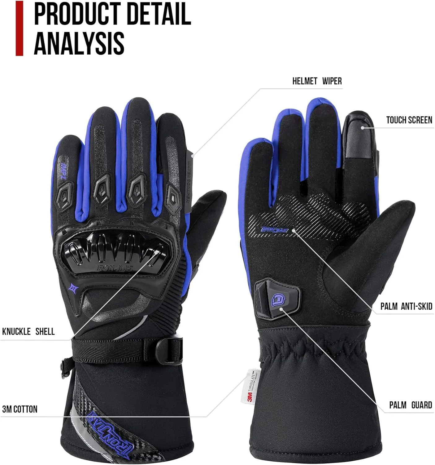 IRON JIA'S Motorcycle Gloves Winter Cold Weather Warm Touchscreen Waterproof Windproof Protective Gear (Blue, M)