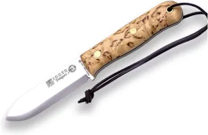 Joker Hunting Knife CL124 Trampero Scandi, 3.94 inches Blade in Steel Sandvik 14C28N, Brown Leather Sheath, Tool for Fishing, Hunting, Camping and Hiking (Curly Birch Wood, Leather Sheath)