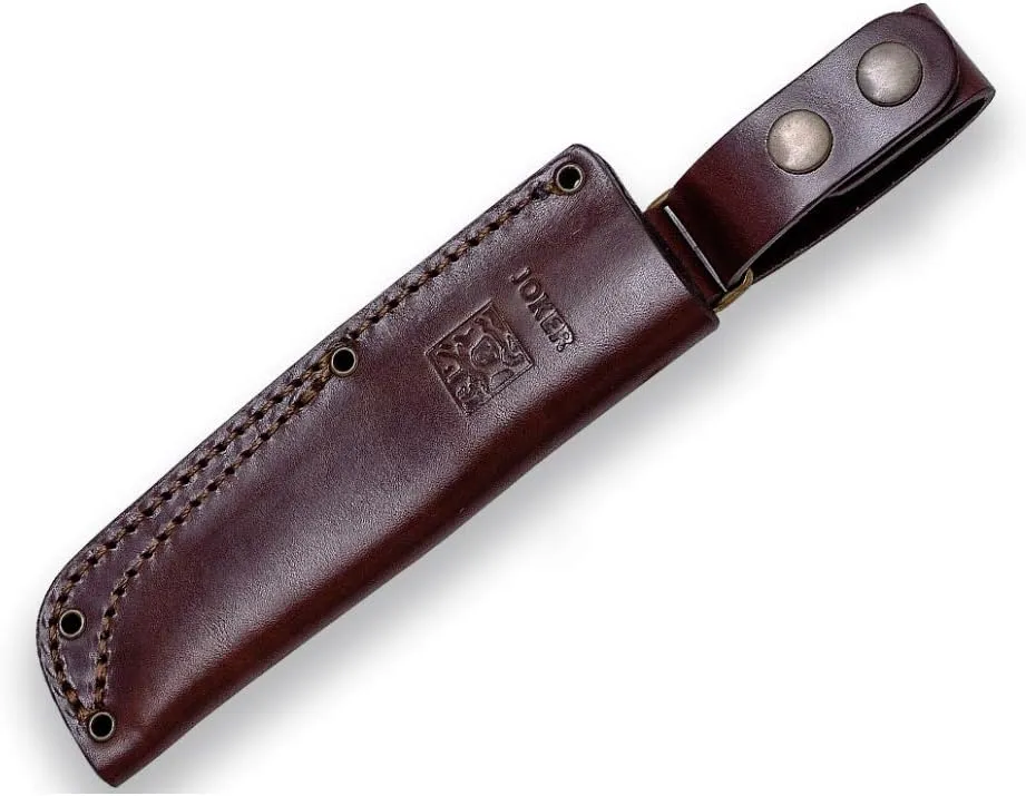 Joker Hunting Knife CL124 Trampero Scandi, 3.94 inches Blade in Steel Sandvik 14C28N, Brown Leather Sheath, Tool for Fishing, Hunting, Camping and Hiking (Curly Birch Wood, Leather Sheath)