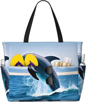 Jumping up dolphins Print 28L Beach Tote Bag, Water-resistant Travel Tote, Lightweight Gym & Camping Carryall