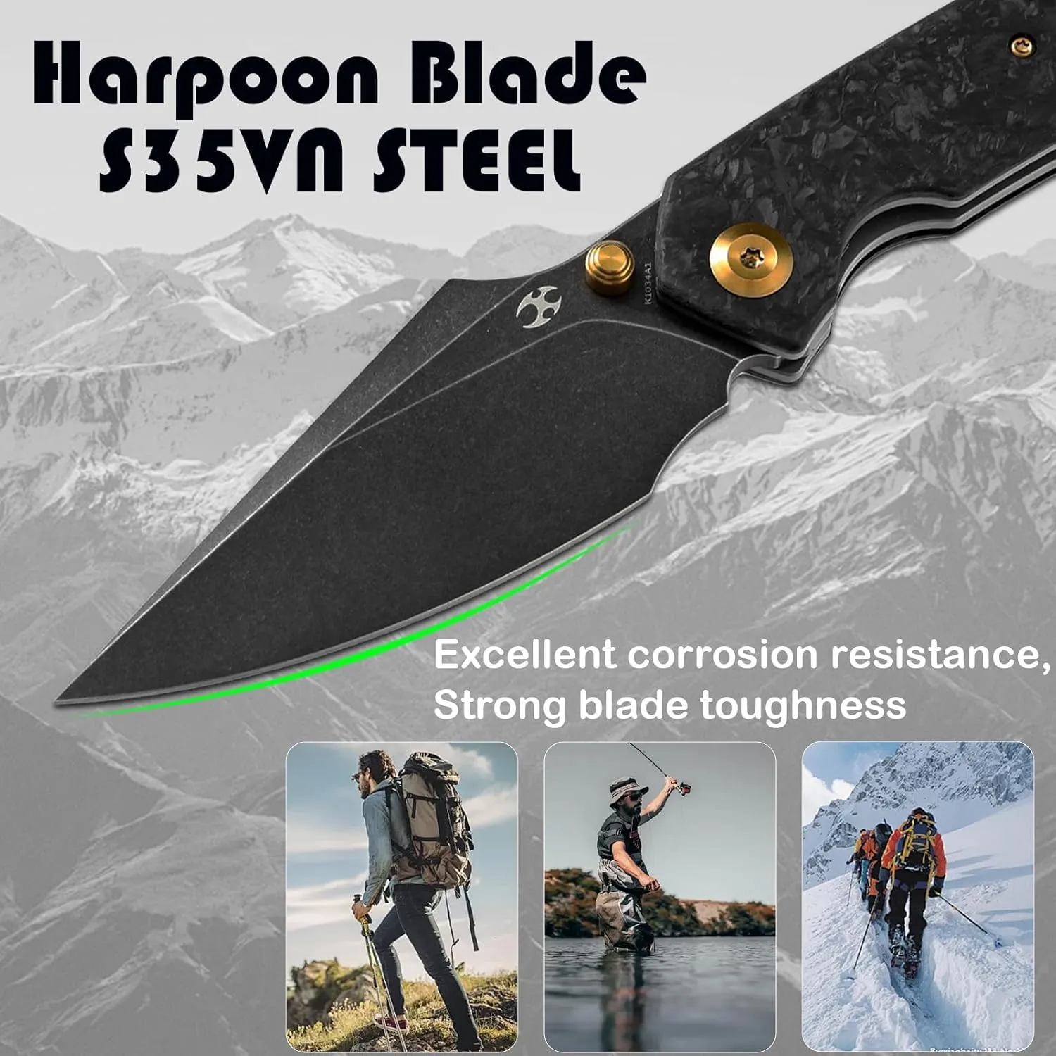 KANSEPT Fenrir Pocket Folding Knives for Men Women EDC Camping Folding Knives 3.48''CPM-S35VN Harpoon Blade with Shred Carbon Fiber Titanium Handle and Ti Clip for Outdoor Sprots EverydayCarry K1034A1