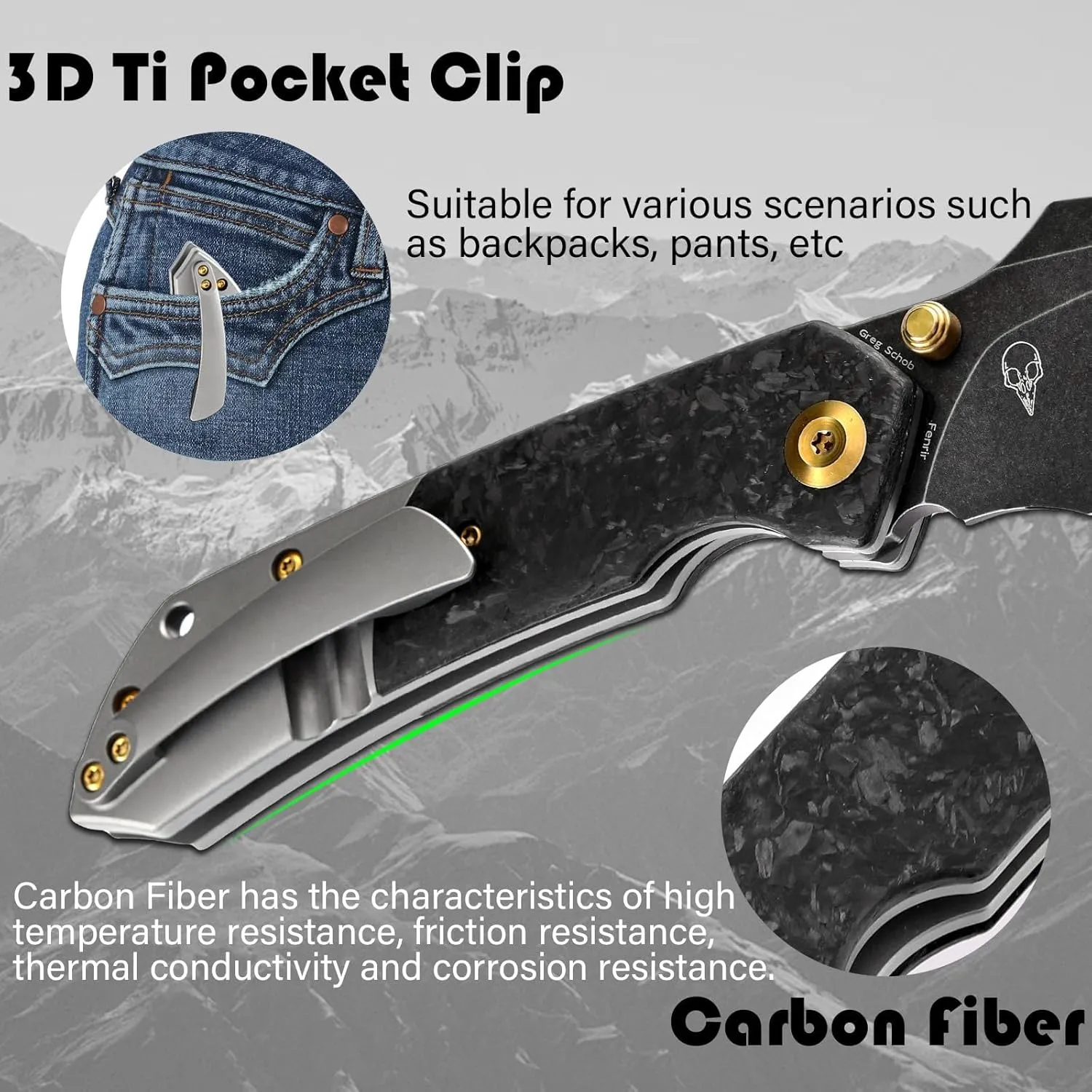 KANSEPT Fenrir Pocket Folding Knives for Men Women EDC Camping Folding Knives 3.48''CPM-S35VN Harpoon Blade with Shred Carbon Fiber Titanium Handle and Ti Clip for Outdoor Sprots EverydayCarry K1034A1