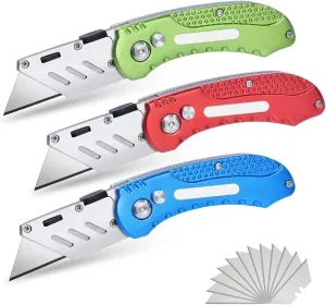 KATA 3Pack Folding Utility Knife, Stainless Steel Box Cutter with Quick Change Blade and Belt Clip for Cartons, Cardboard and Boxes, Extra 12pcs SK5 Blade