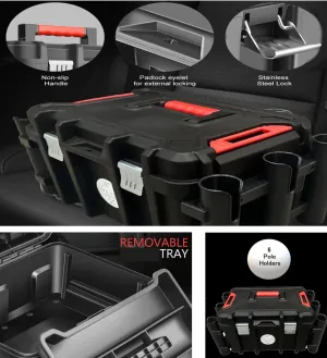 Kayak Fishing Crate - 6 Integrated Rod Pole Holders, Tackle Box Accessory Storage Area and Tray with Lockable Lid - No Assembly Required!