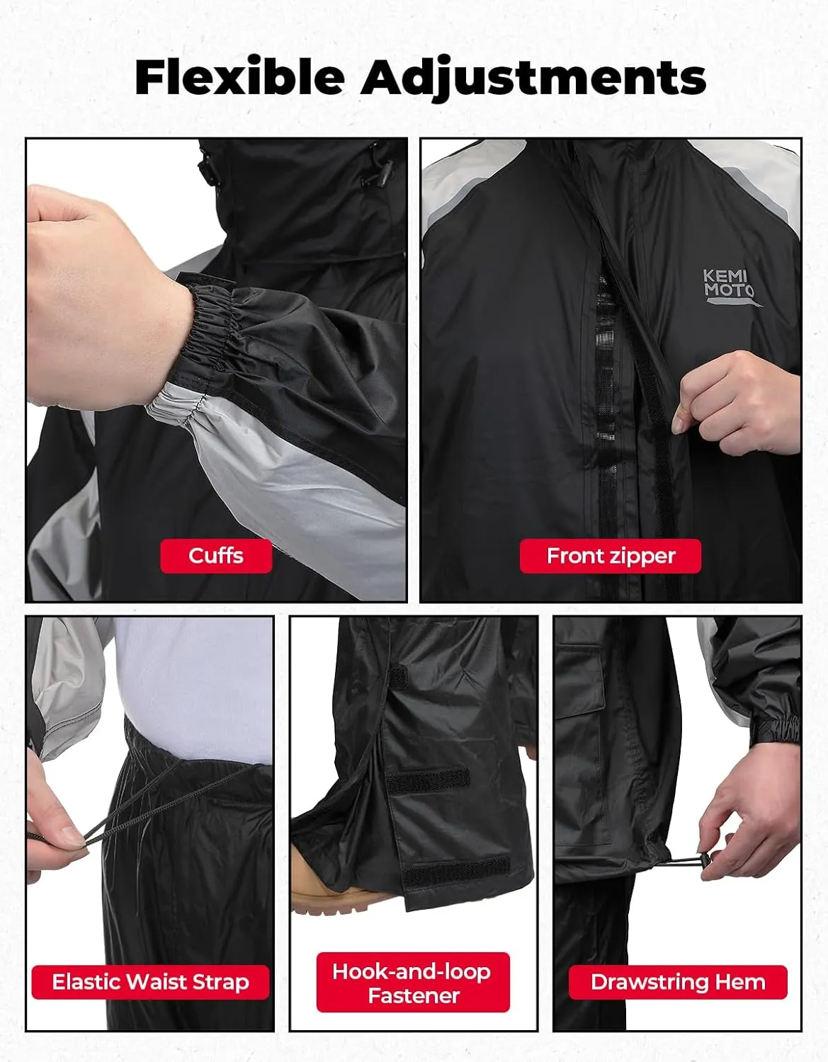 KEMIMOTO Waterproof Casual Motorcycle Rain Gear for men,Men's Waterproof Powersports Rain Suit with Pant for Motorcycle Riding in Heavy Rain 15000MM Water Pressure Resistance