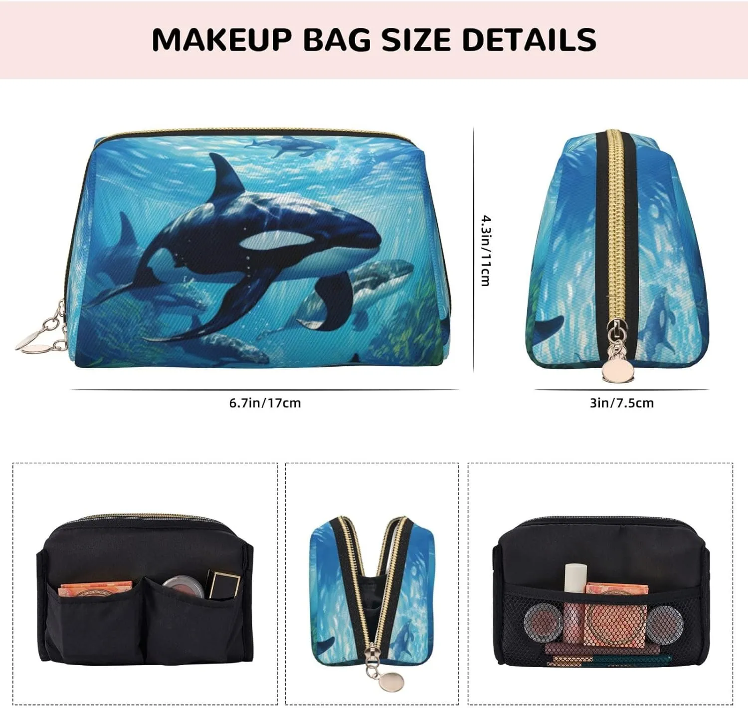 Killer Whales Swim Along Travel-Ready Toiletry Bag, Compact Makeup Organizer For Women