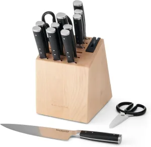 KitchenAid Gourmet 15 Piece Forged Triple Rivet Knife Block Set with Built in Knife Sharpener, High Carbon Japanese Stainless Steel Kitchen Knives, Sharp Kitchen Knife Set with Block, Birchwood
