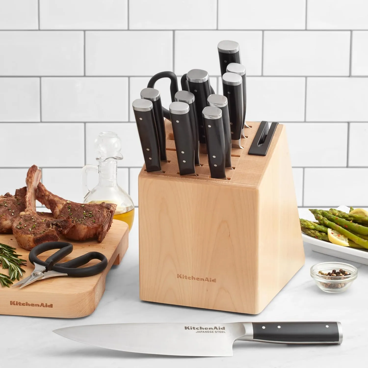 KitchenAid Gourmet 15 Piece Forged Triple Rivet Knife Block Set with Built in Knife Sharpener, High Carbon Japanese Stainless Steel Kitchen Knives, Sharp Kitchen Knife Set with Block, Birchwood