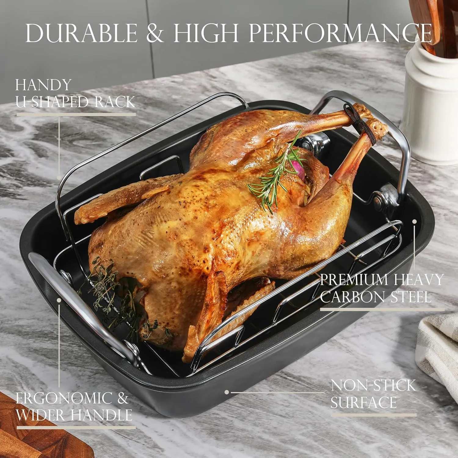 KITESSENSU Nonstick Turkey Roasting Pan with Rack 17 x 14 inch - Large Chicken Roaster Pan for Oven - Wider Handles & Heavy Duty Construction - Suitable for 24lb Turkey, Gray