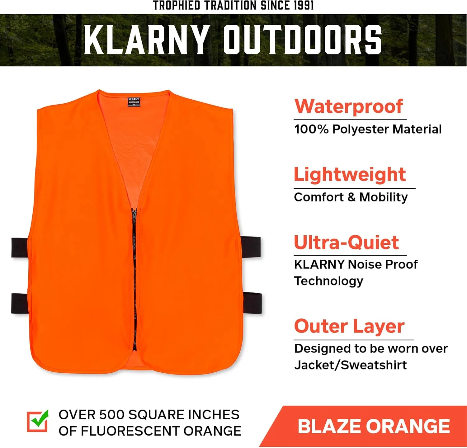 Klarny Orange Safety Vest, High-Visibility, Waterproof Deer and Bow Hunting Gear, Quiet Hunter Vests and Hunting Accessories