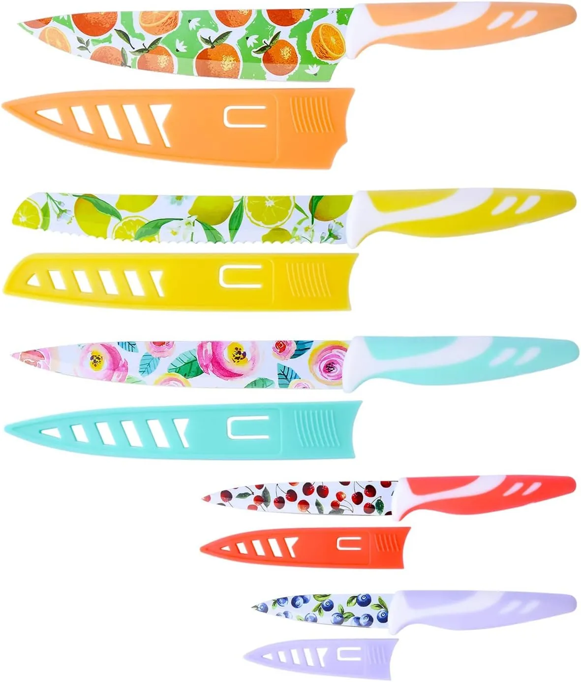Knife Set, 10-piece Stainless Steel Kitchen Knife Set Nonstick Coated with 5 Blade Guard, Multicolored Fruit Knives, Pioneer Woman Knife Set