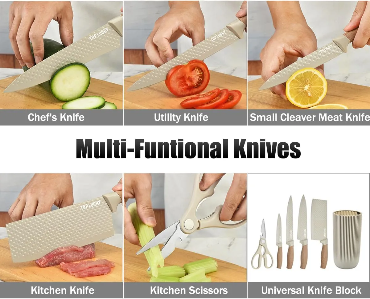 Knife Set, Wiztoynia 6-Piece Khaki Kitchen Knife Set for Home, Anti-Rust Non-stick Stainless Steel Sharp Chef Knife Sets with Universal Knife Block for Kitchen, Ergonomical Design (Khaki)