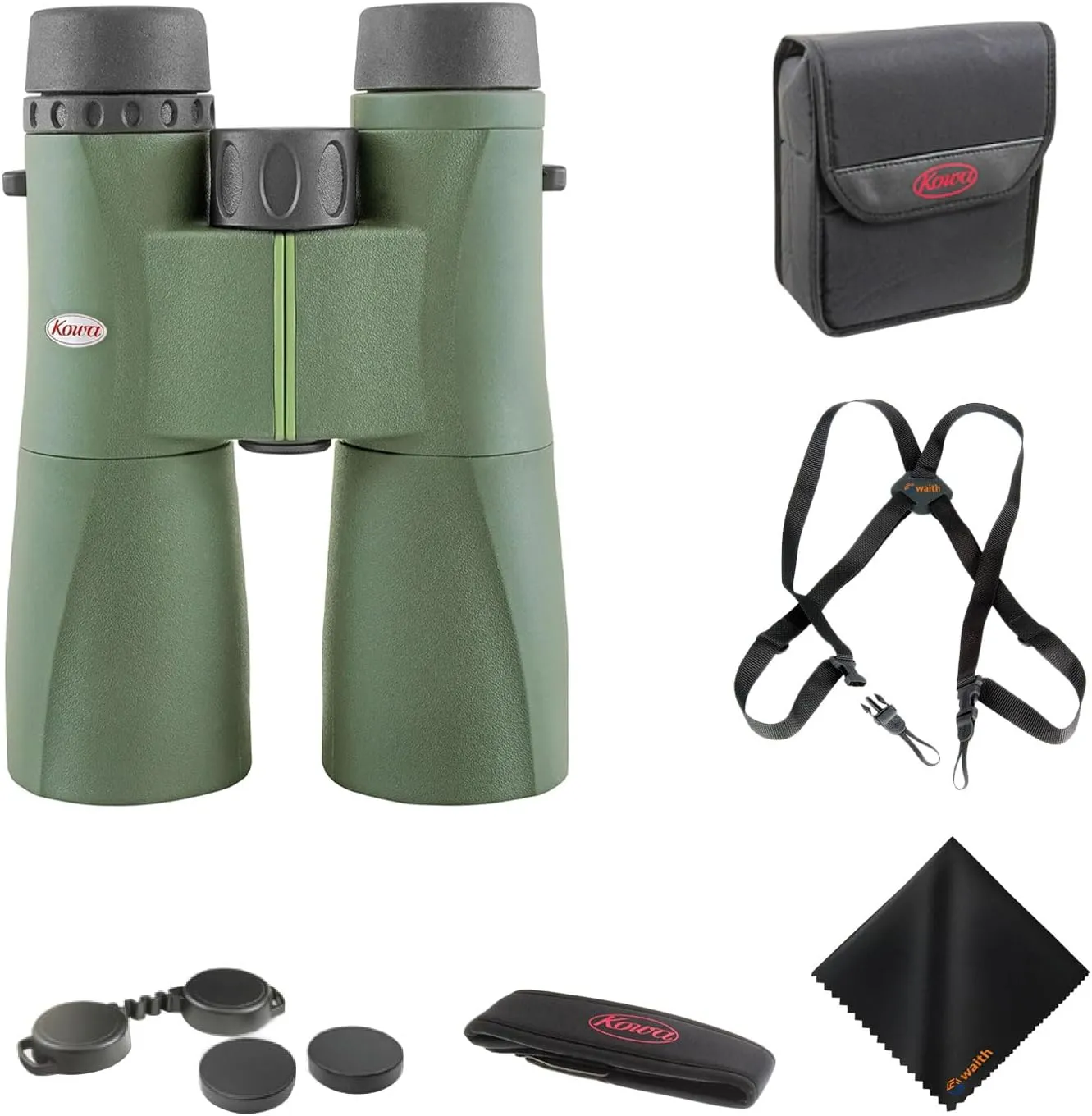 Kowa SV II 12 x 50 Binoculars (Green) | Phase-Corrected Roof Prisms, Multi-Coated Optics for Bird Watching with Waith Binocular Harness Strap and Waith Microfiber Cleaning Cloth (Advance Bundle Set)