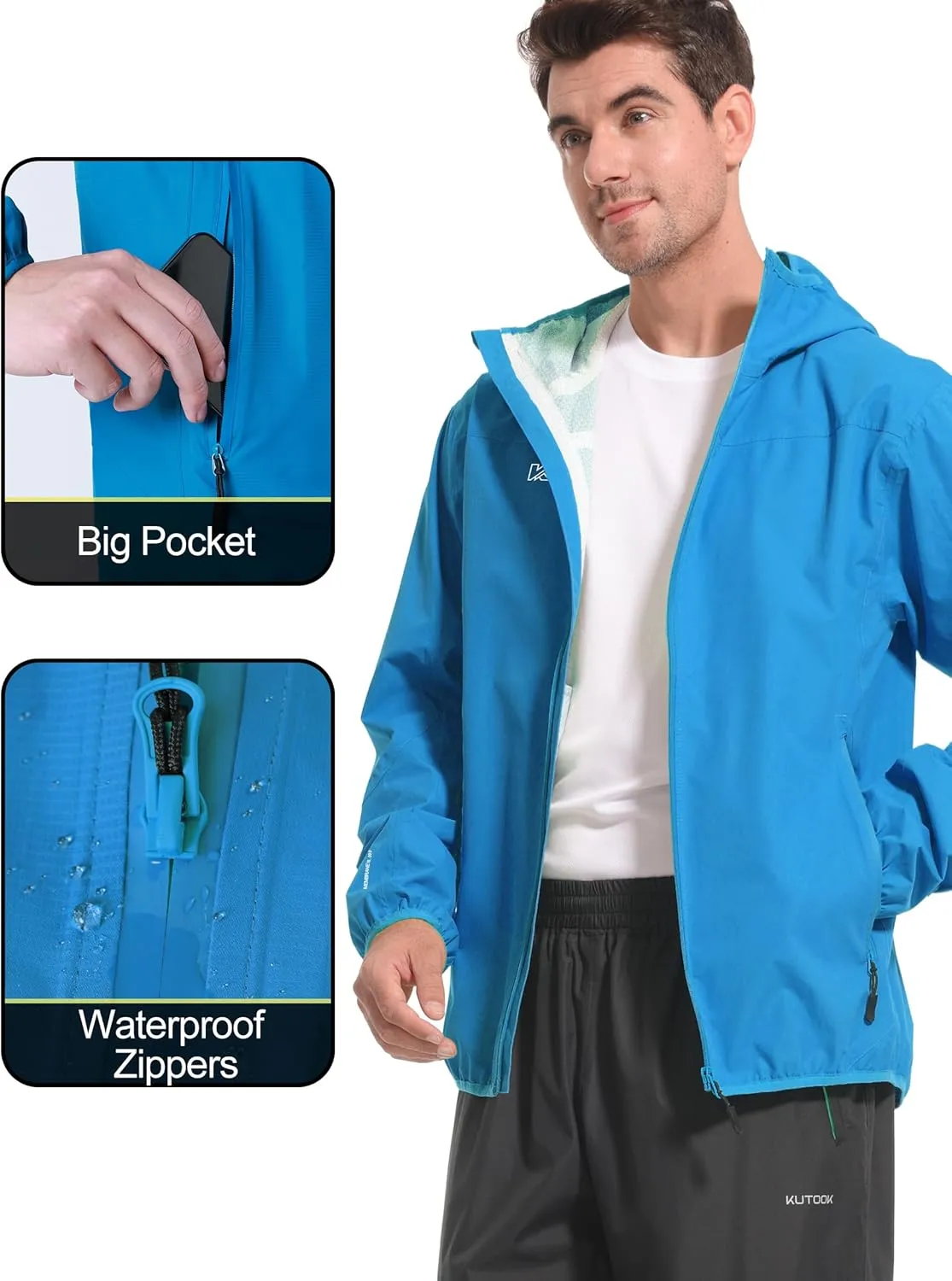 KUTOOK Men's Cycling Rain Jacket Packable Lightweight Hooded Raincoat Hiking Running Golf Gear Winderbreaker S-3XL
