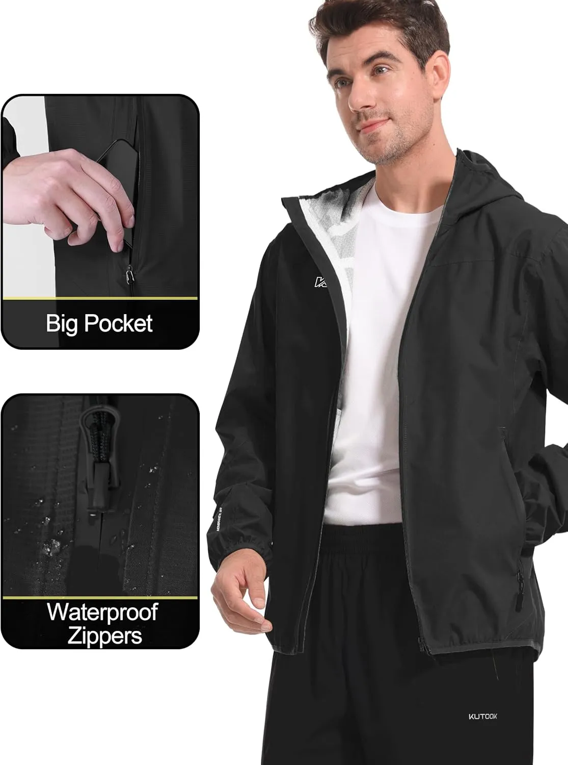 KUTOOK Men's Cycling Rain Jacket Packable Lightweight Hooded Raincoat Hiking Running Golf Gear Winderbreaker S-3XL
