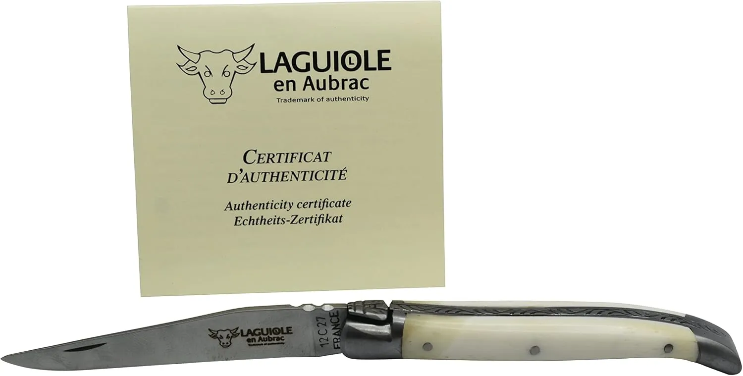 Laguiole en Aubrac Handmade Luxury Folding Pocket Knife, 3.5-in (9cm). Zebu Bone Handle, Hand Forged Bee, Stainless Steel Matte Bolsters