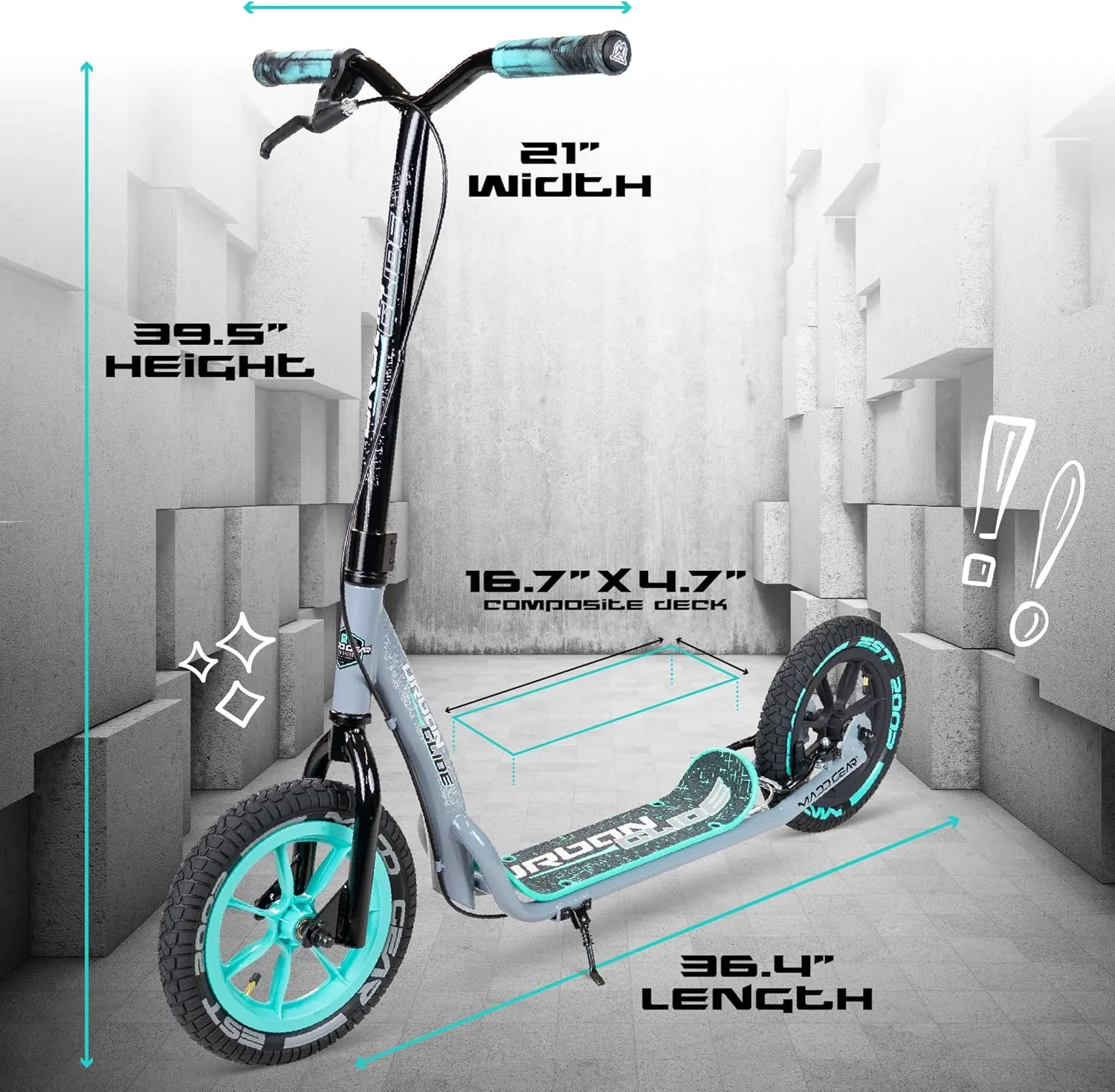 Large Kick Scooter for Adults, Teens & Kids 8-12 with Kickstand – 12" Air-Filled Tires, Wide Deck, Lightweight Steel Frame – Madd Gear Urban Glide