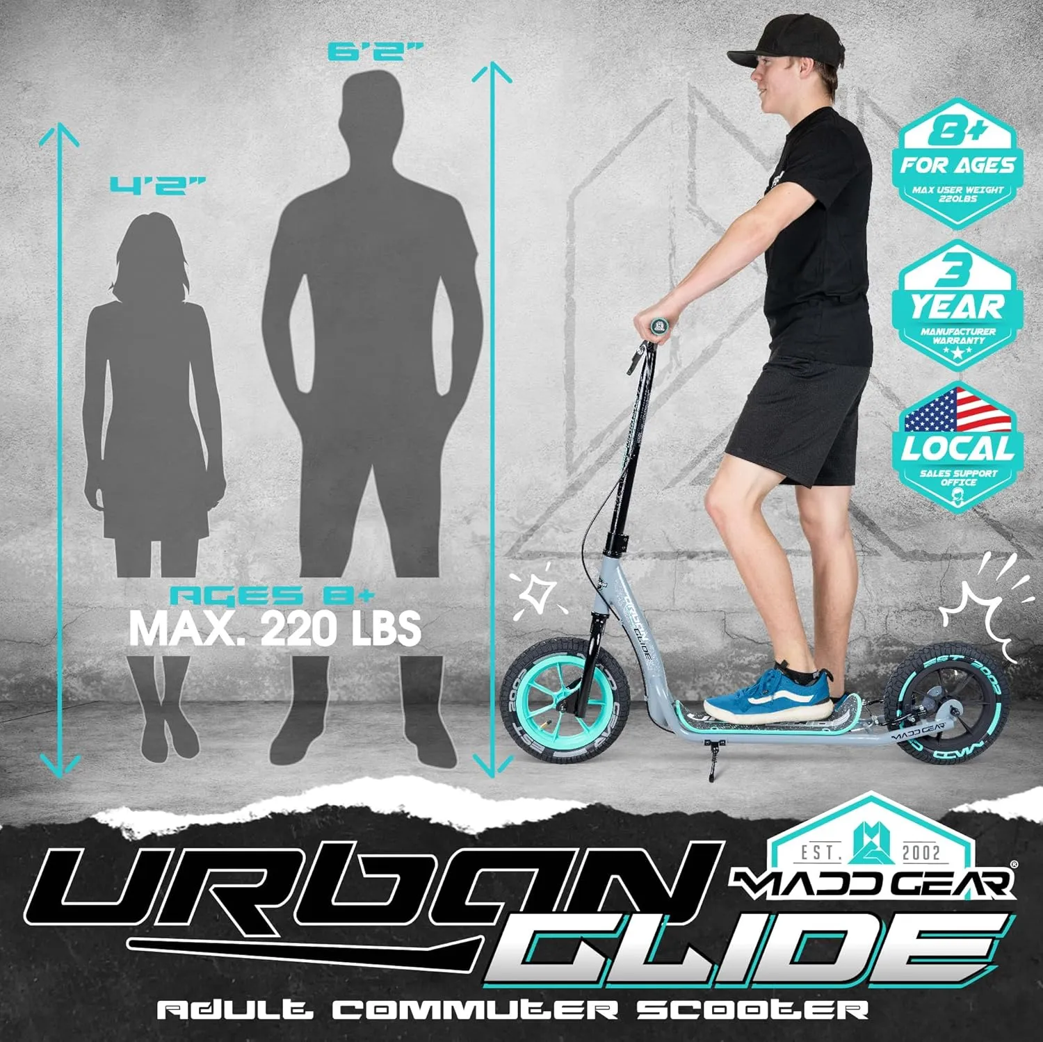 Large Kick Scooter for Adults, Teens & Kids 8-12 with Kickstand – 12" Air-Filled Tires, Wide Deck, Lightweight Steel Frame – Madd Gear Urban Glide