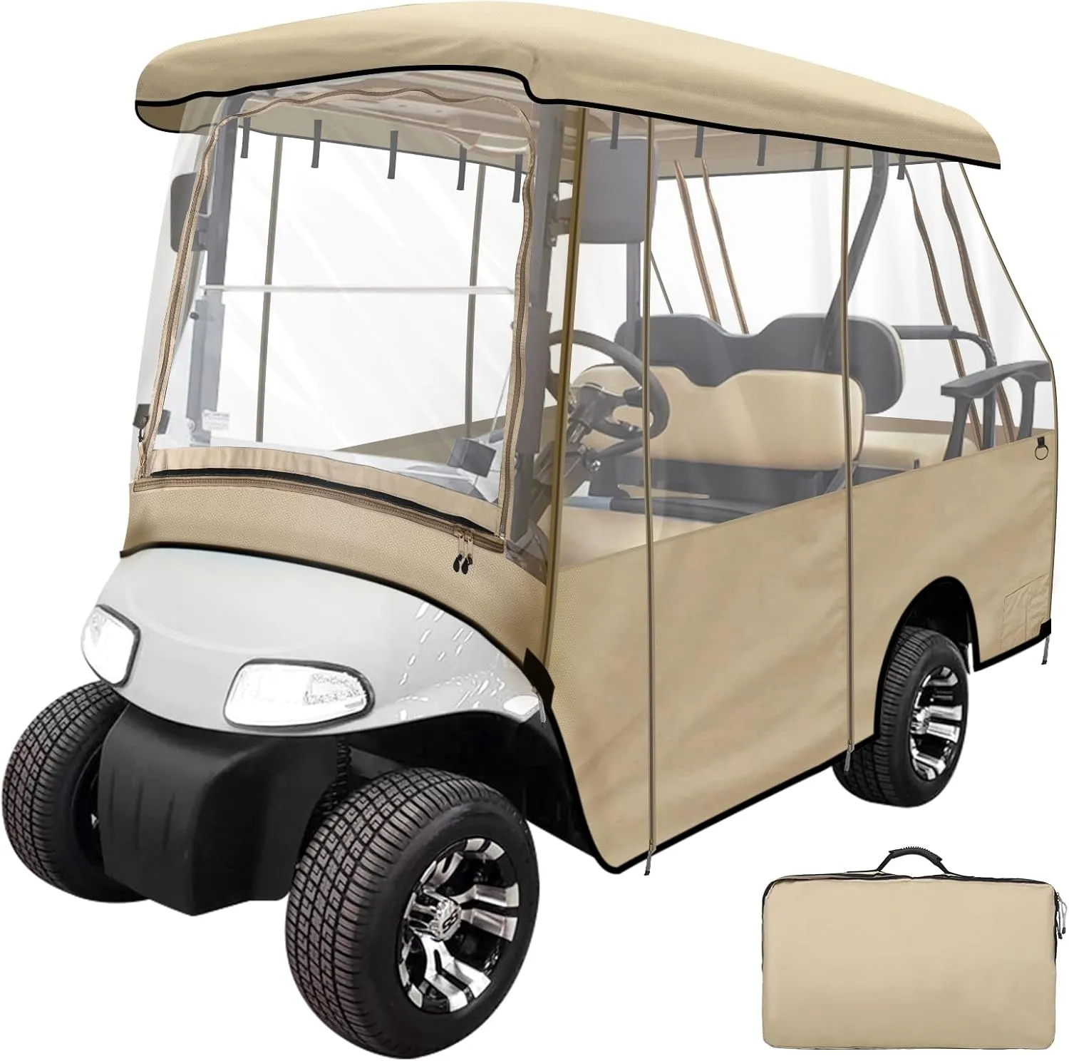 Leader Accessories 2   2 Person Golf Driving Enclosure Short Roof 2 Over 4 Passenger Golf Cart (Tan)
