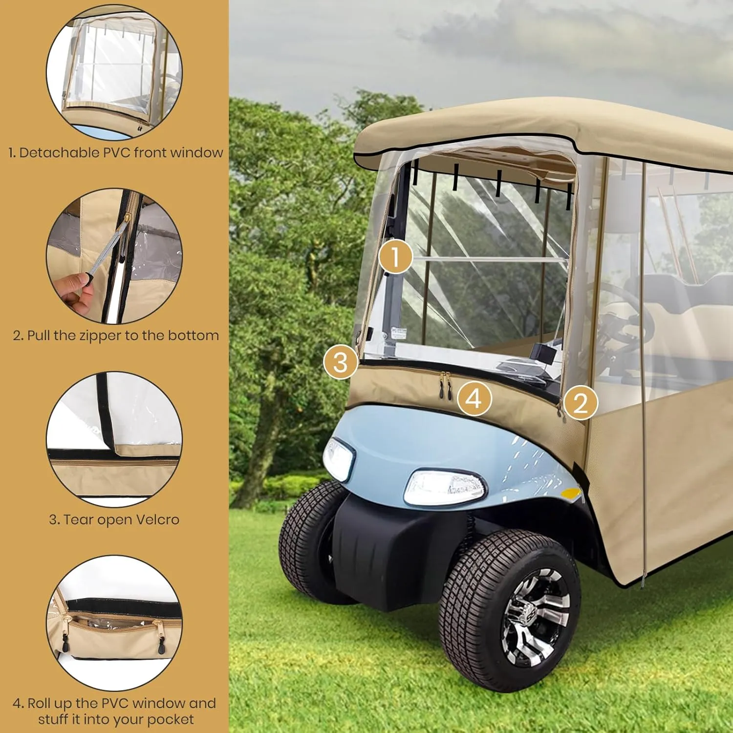 Leader Accessories 2   2 Person Golf Driving Enclosure Short Roof 2 Over 4 Passenger Golf Cart (Tan)