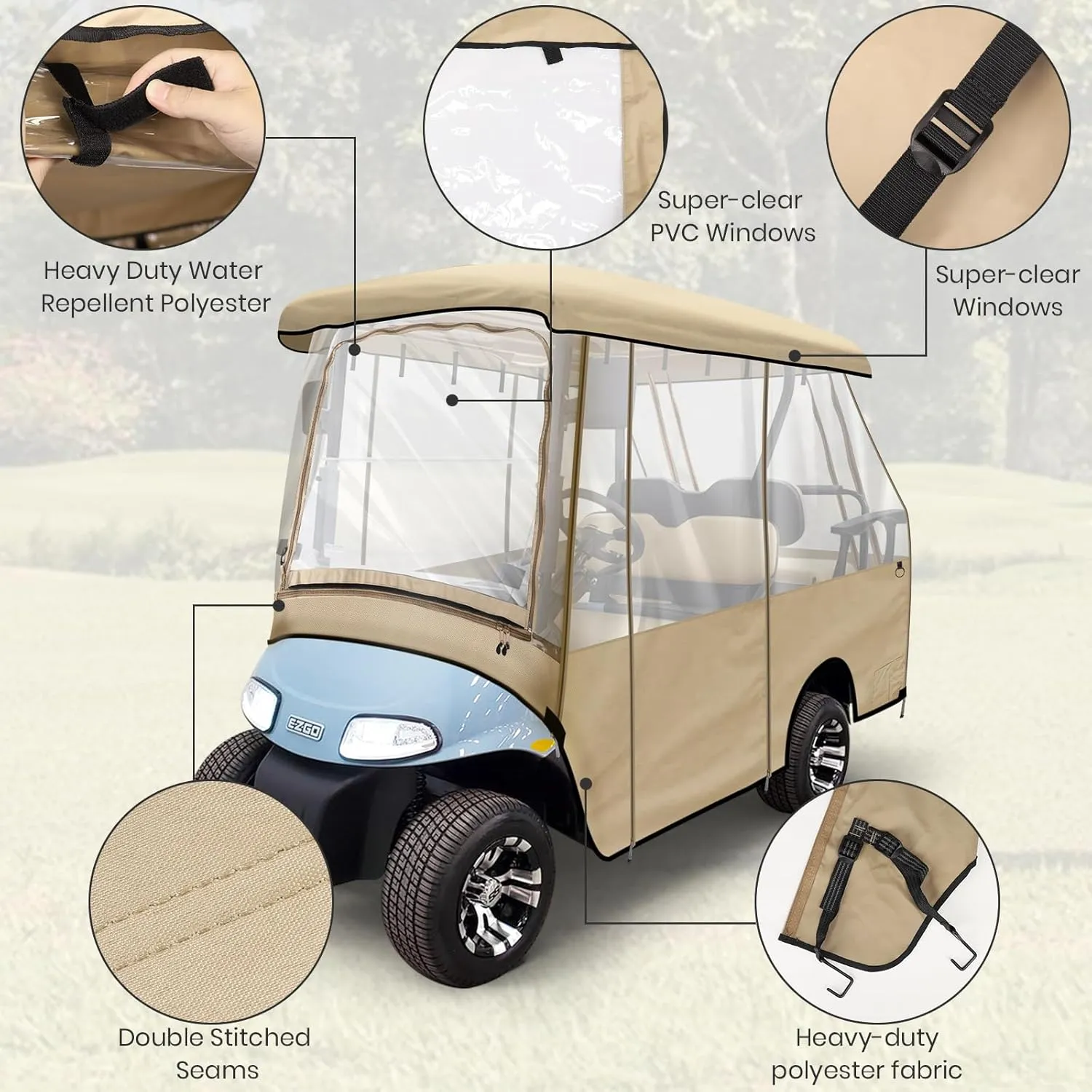 Leader Accessories 2   2 Person Golf Driving Enclosure Short Roof 2 Over 4 Passenger Golf Cart (Tan)
