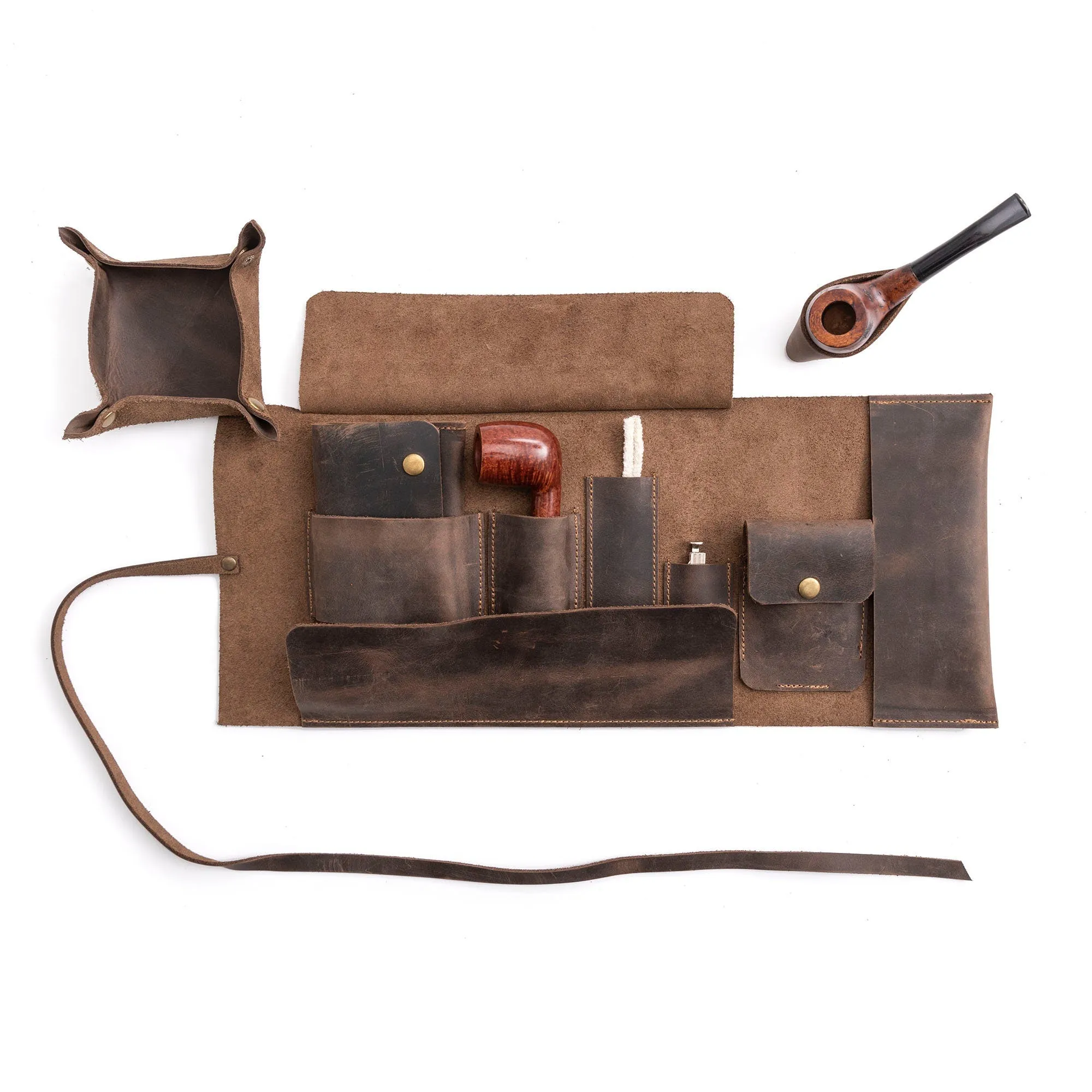 Leather Pipe Pouch for 1-Pipe, Handmade 1-Pipe Rollup Bag, Single-Pipe Rollup Pouch, Chestnut
