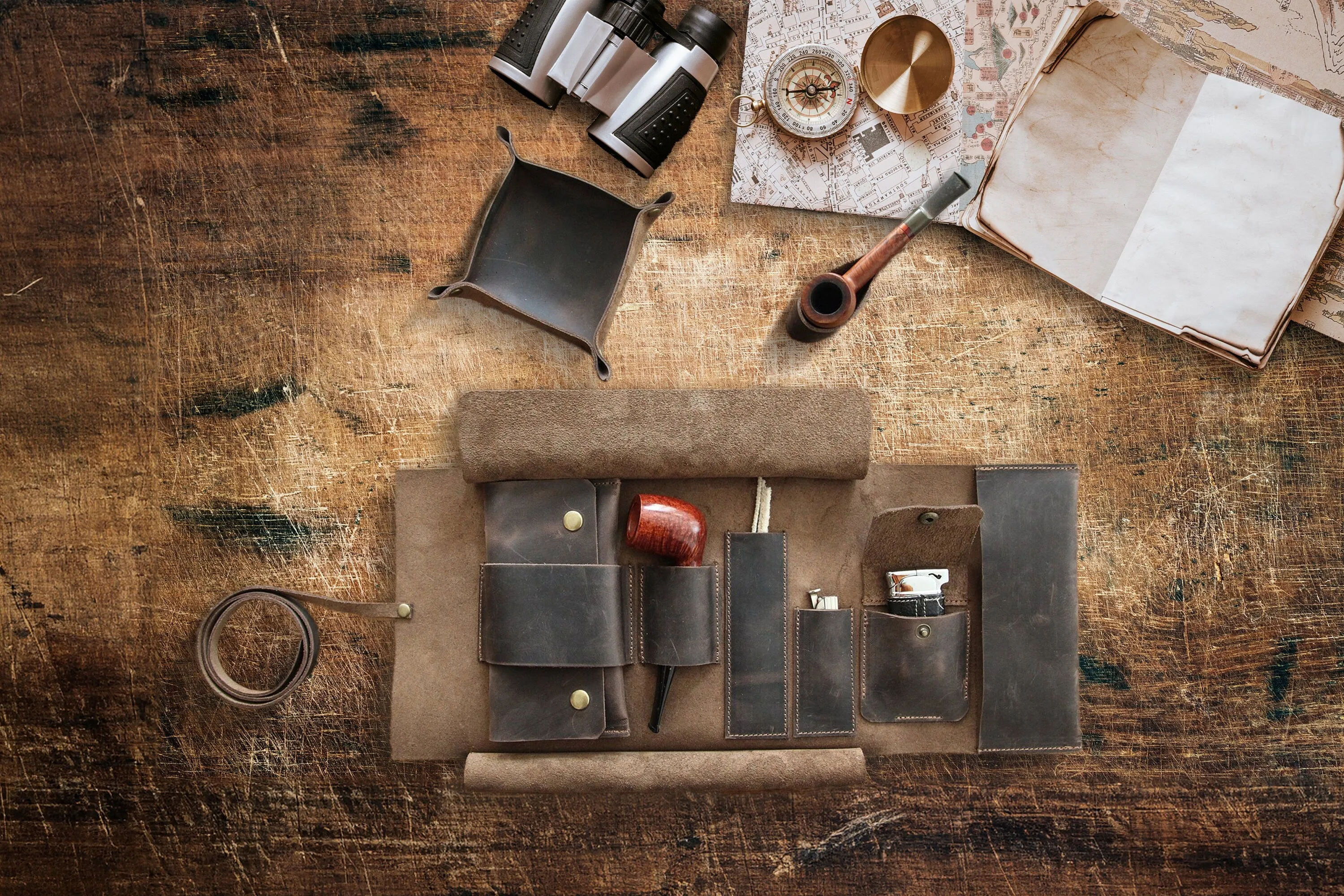 Leather Pipe Pouch for 1-Pipe, Handmade 1-Pipe Rollup Bag, Single-Pipe Rollup Pouch, Chestnut