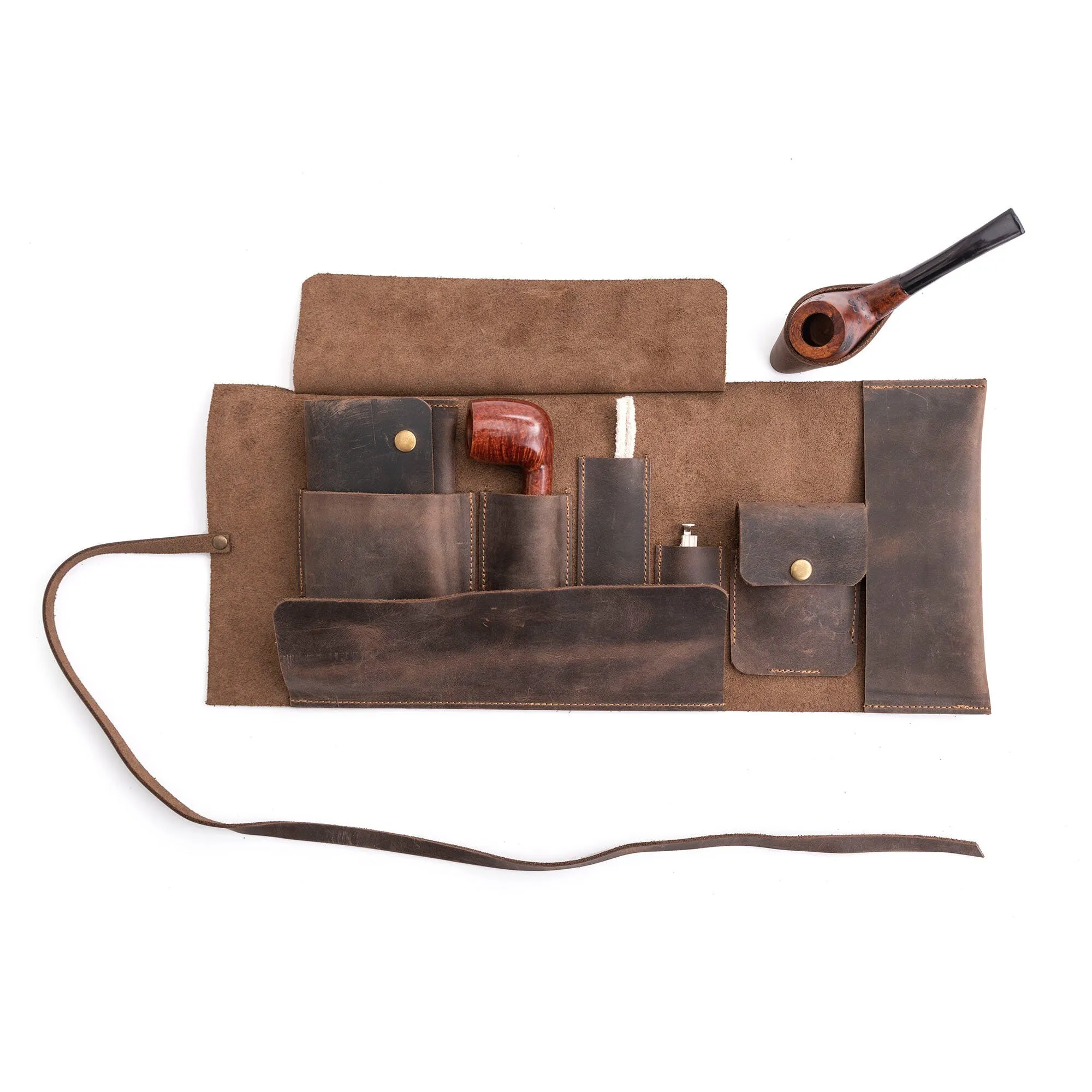 Leather Pipe Pouch for 1-Pipe, Handmade 1-Pipe Rollup Bag, Single-Pipe Rollup Pouch, Chestnut