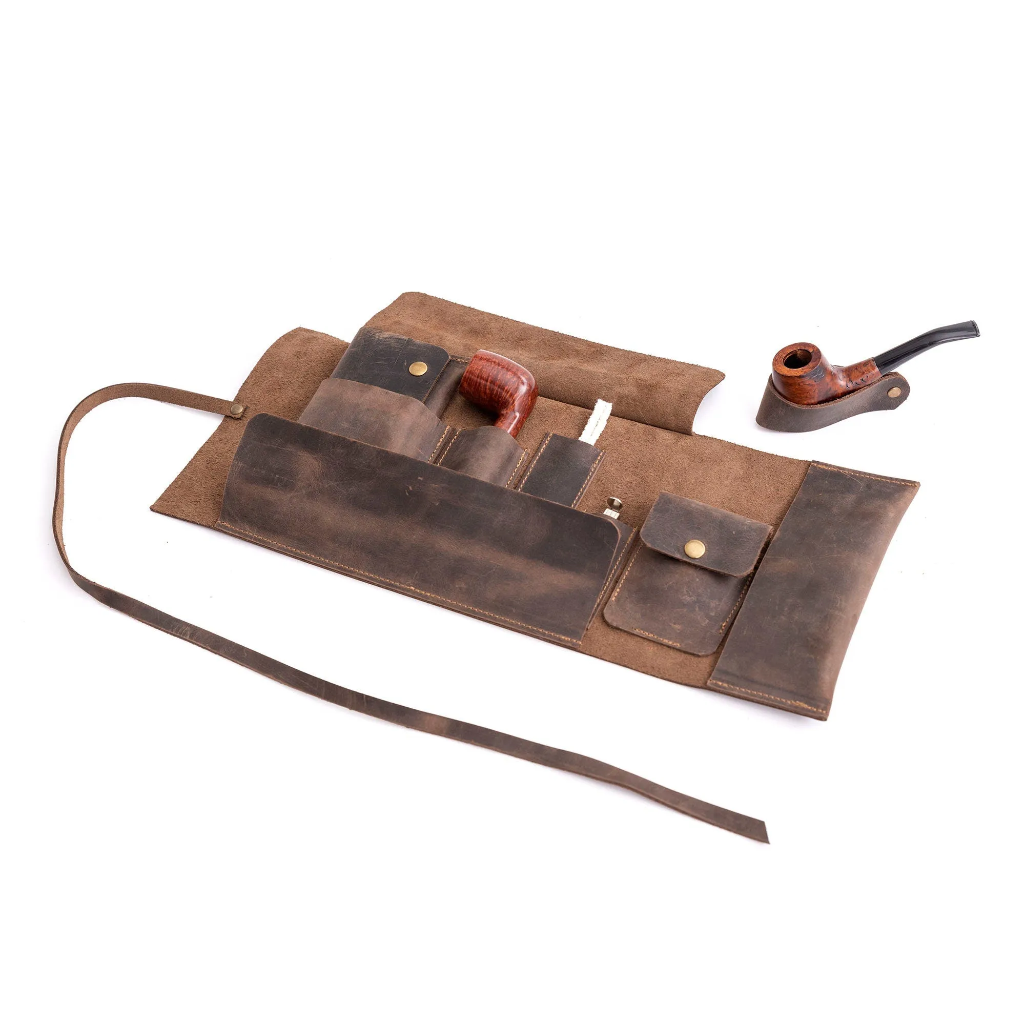 Leather Pipe Pouch for 1-Pipe, Handmade 1-Pipe Rollup Bag, Single-Pipe Rollup Pouch, Chestnut