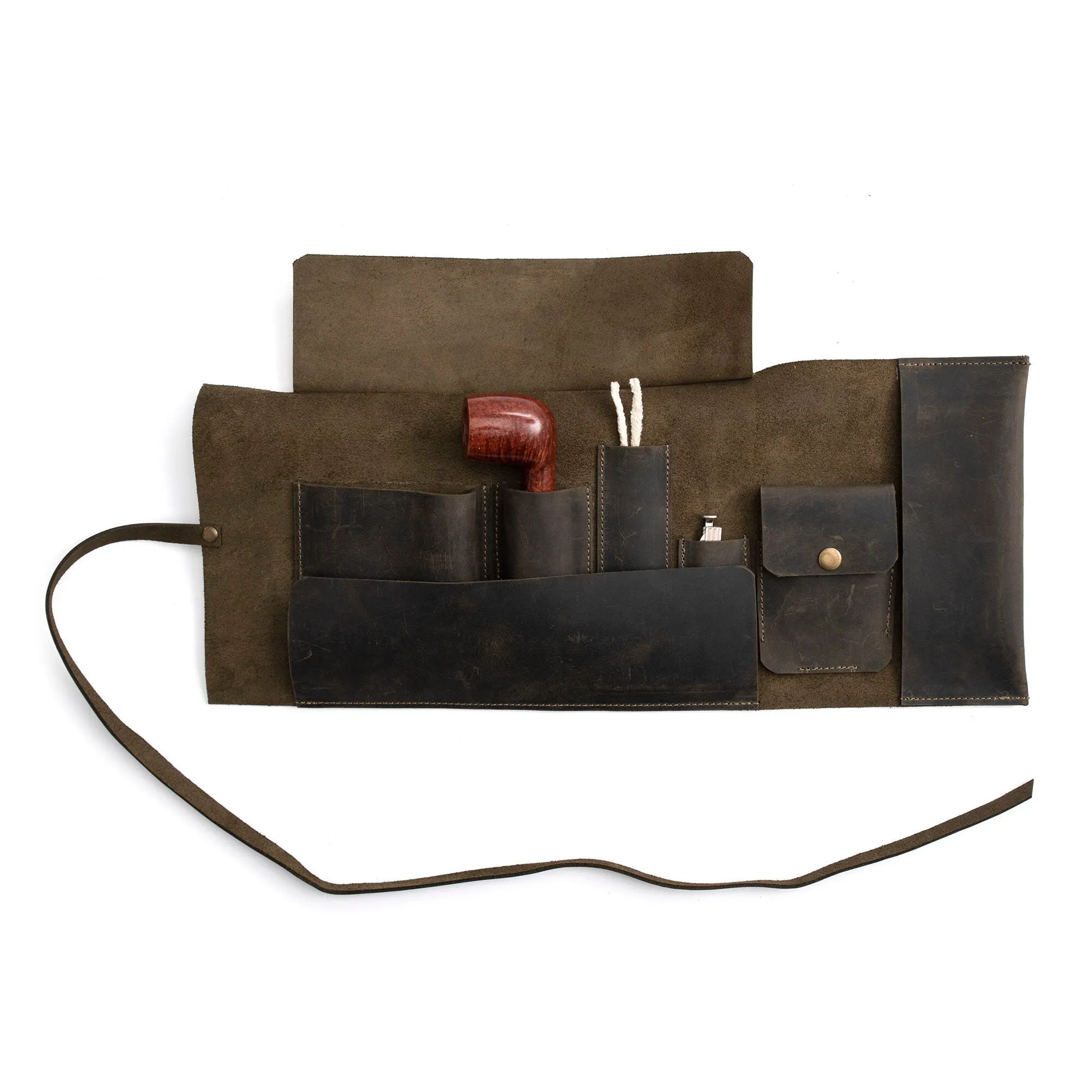 Leather Pipe Pouch for 1-Pipe, Handmade 1-Pipe Rollup Bag, Single-Pipe Rollup Pouch, Dark Green