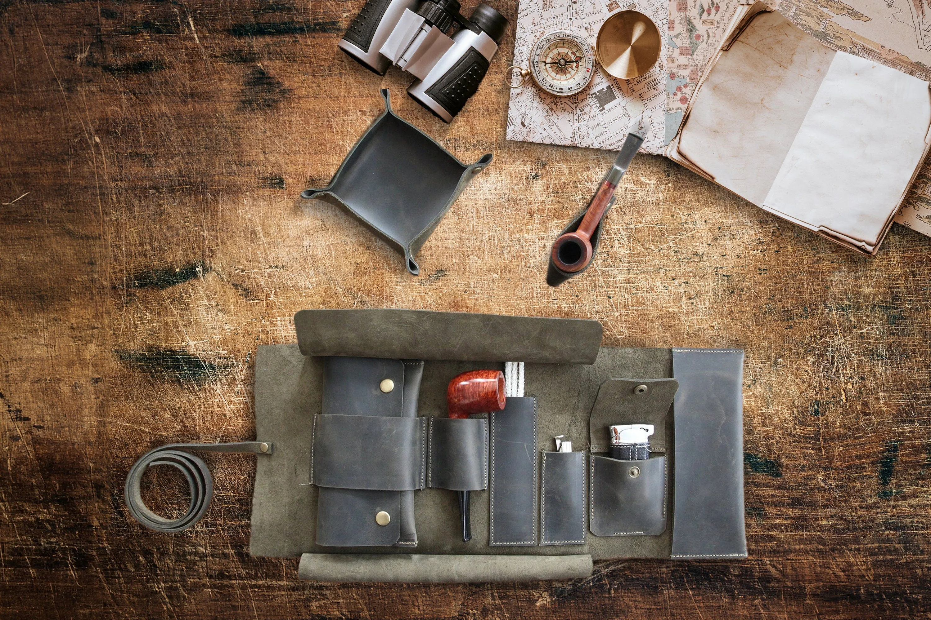 Leather Pipe Pouch for 1-Pipe, Handmade 1-Pipe Rollup Bag, Single-Pipe Rollup Pouch, Dark Green