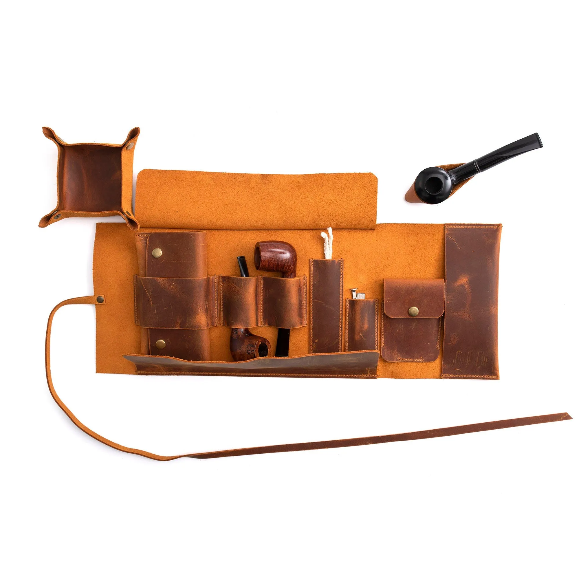Leather Pipe Pouch for 2-Pipes, Handmade 2-Pipe Rollup Bag, Double-Pipe Rollup Pouch, Camel