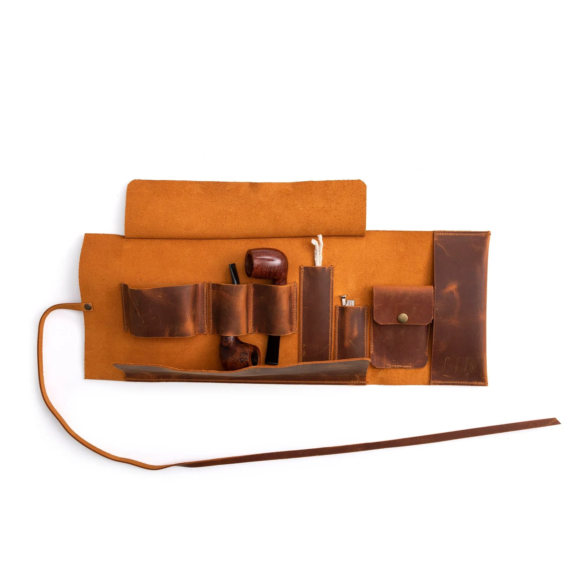 Leather Pipe Pouch for 2-Pipes, Handmade 2-Pipe Rollup Bag, Double-Pipe Rollup Pouch, Camel