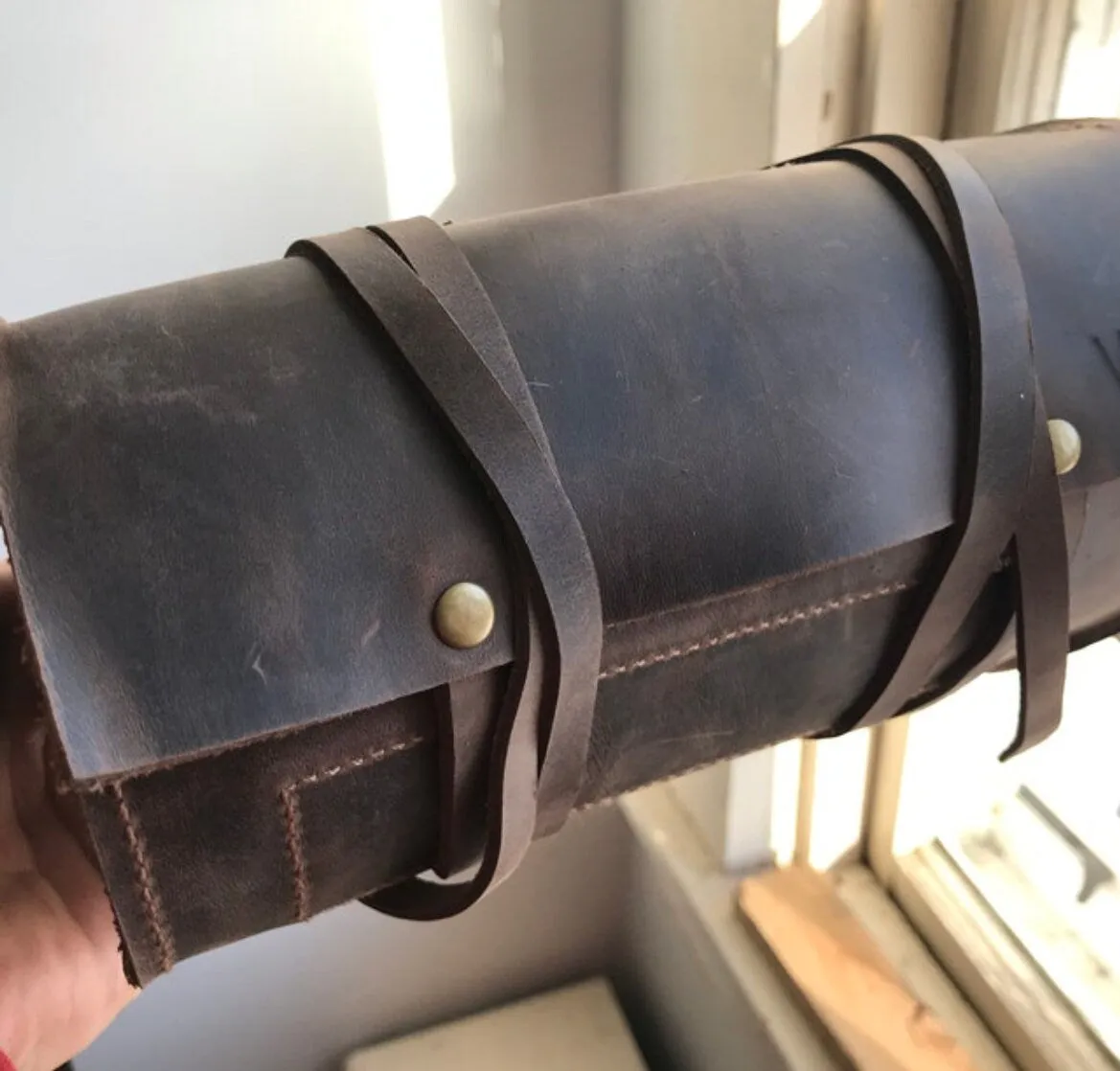 Leather Pipe Pouch for 2-Pipes, Handmade 2-Pipe Rollup Bag, Double-Pipe Rollup Pouch, Matte Black