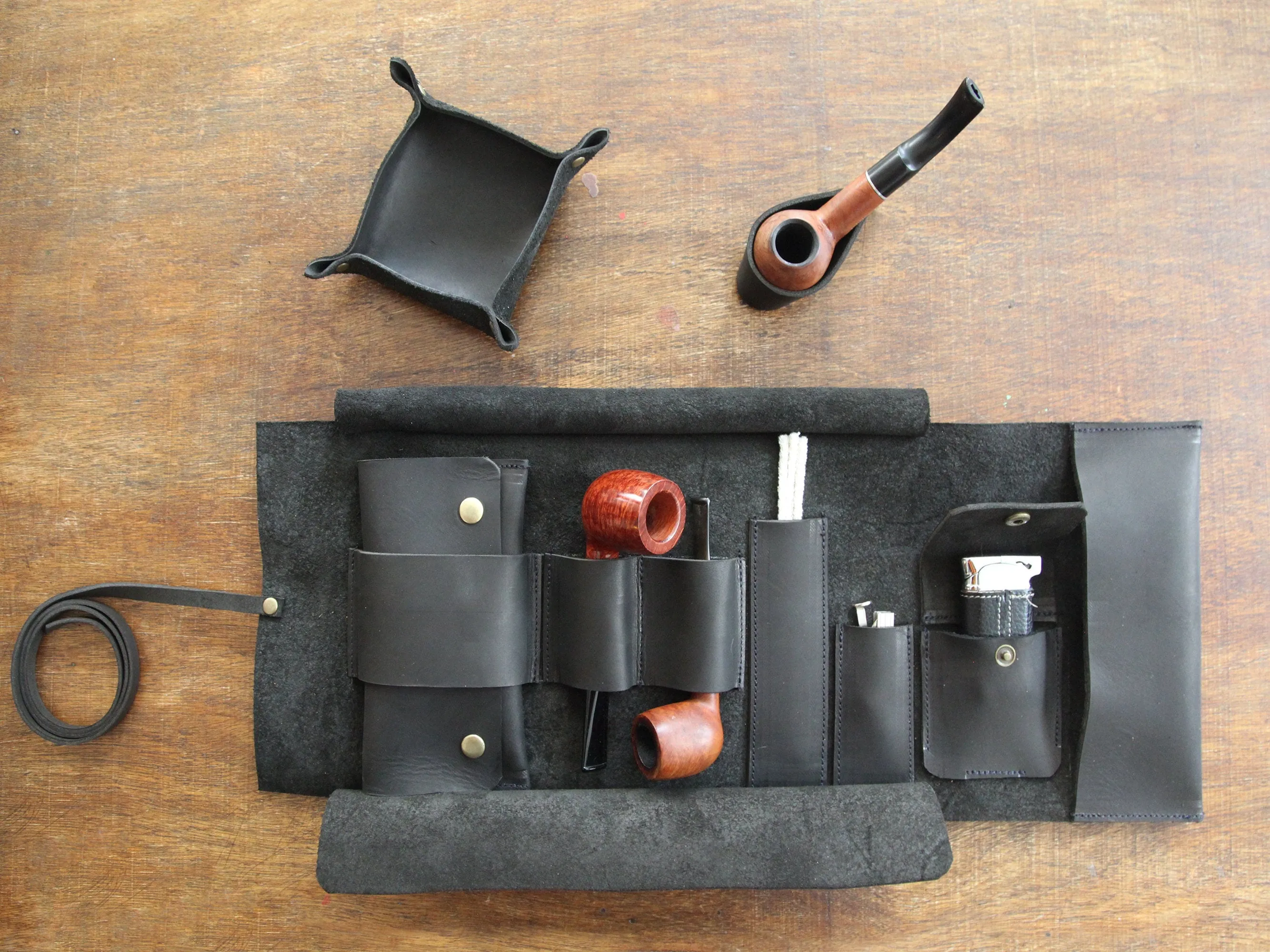 Leather Pipe Pouch for 2-Pipes, Handmade 2-Pipe Rollup Bag, Double-Pipe Rollup Pouch, Matte Black