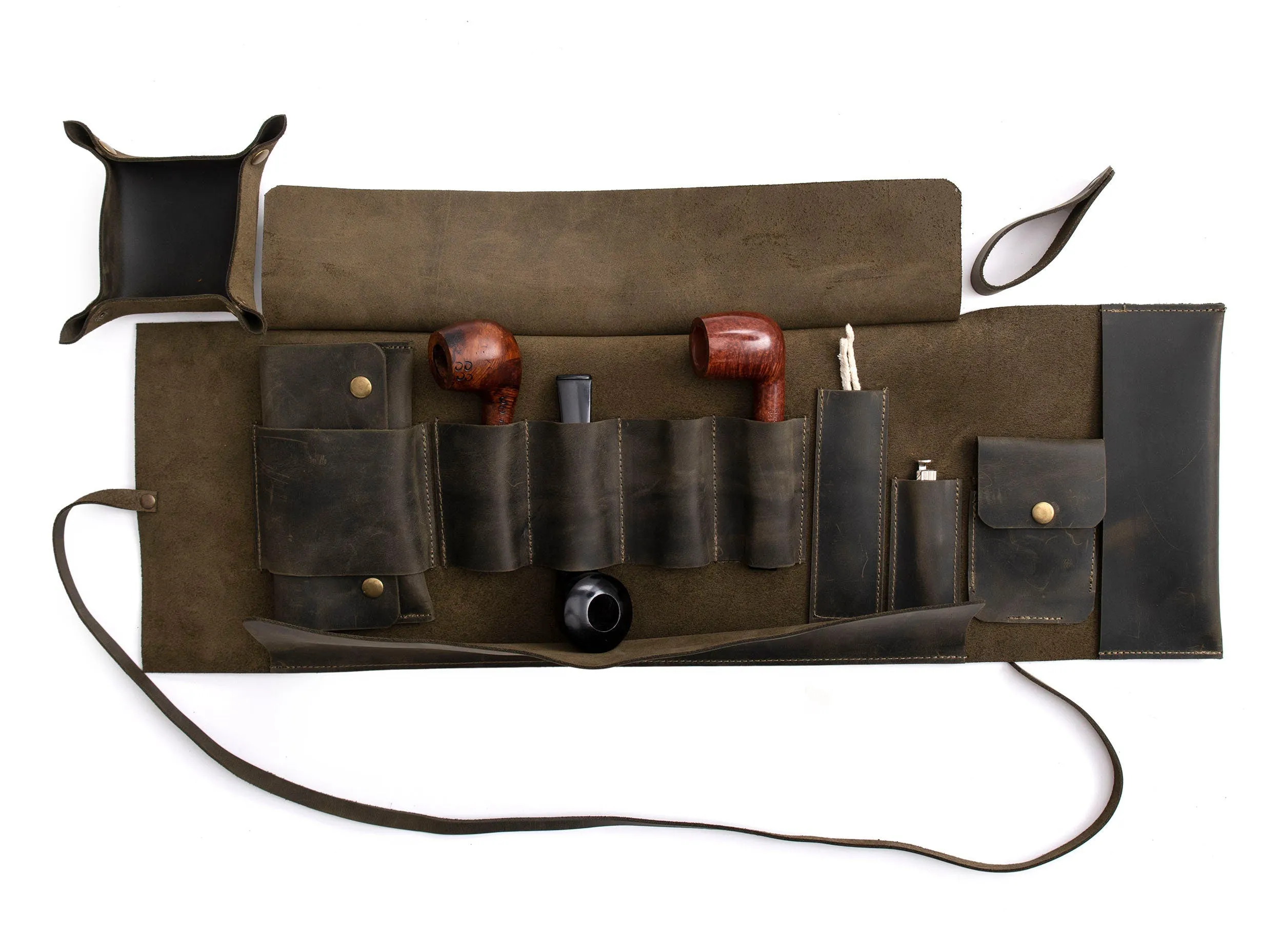 Leather Pipe Pouch for 4-Pipes, Handmade 4-Pipe Rollup Bag, Quadruple-Pipe Roll,  Dark Green