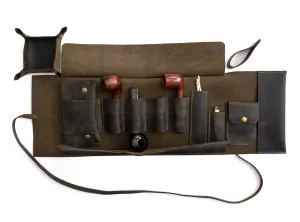 Leather Pipe Pouch for 4-Pipes, Handmade 4-Pipe Rollup Bag, Quadruple-Pipe Roll,  Dark Green