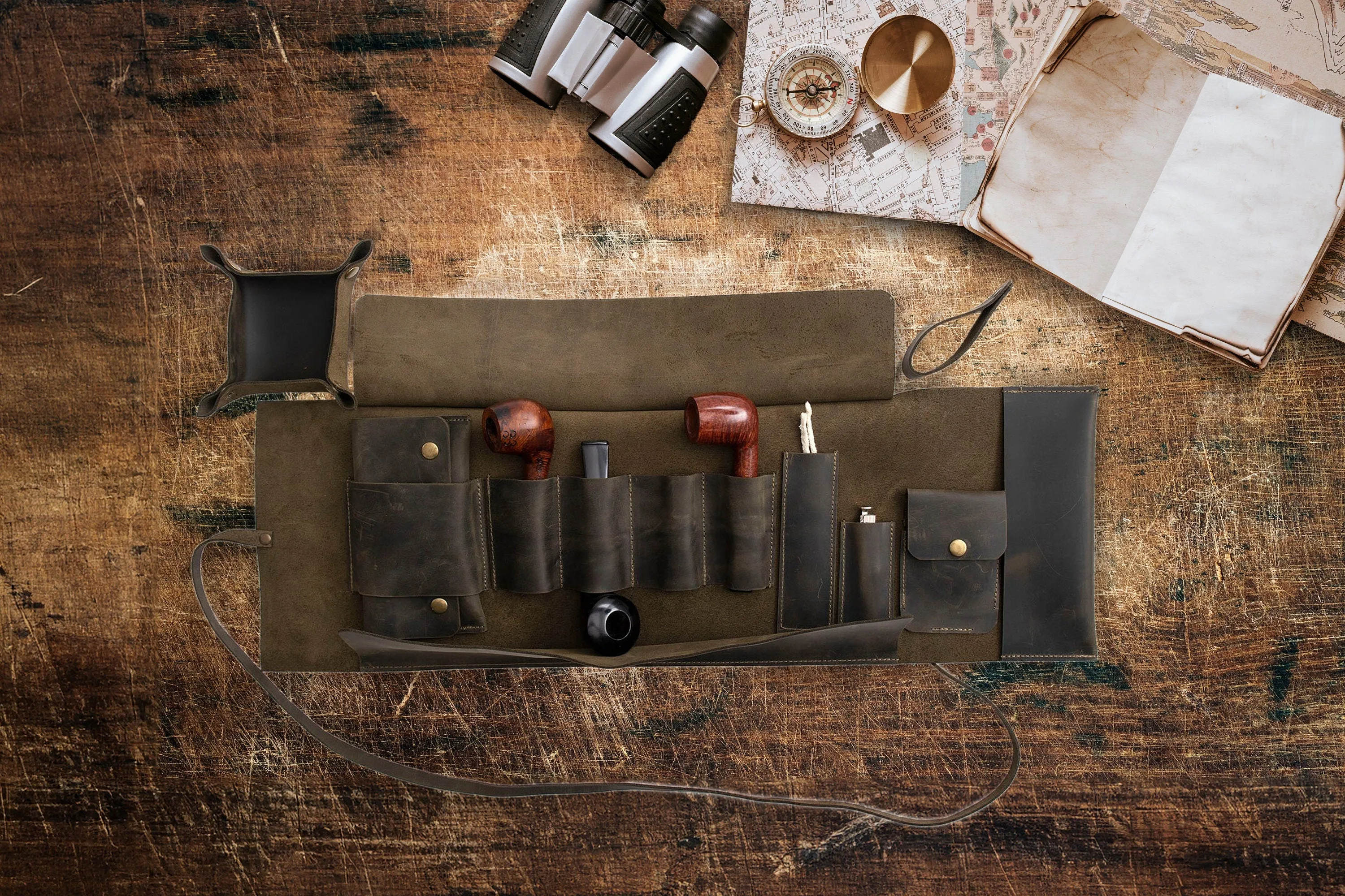 Leather Pipe Pouch for 4-Pipes, Handmade 4-Pipe Rollup Bag, Quadruple-Pipe Roll,  Dark Green