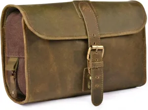 LEATHER VILLAGE Hanging Leather Toiletry Bag for Men & Women, Handcrafted Vintage Cosmetic & Shaving Organizer Travel Dopp Kit Shower Bag - Mud