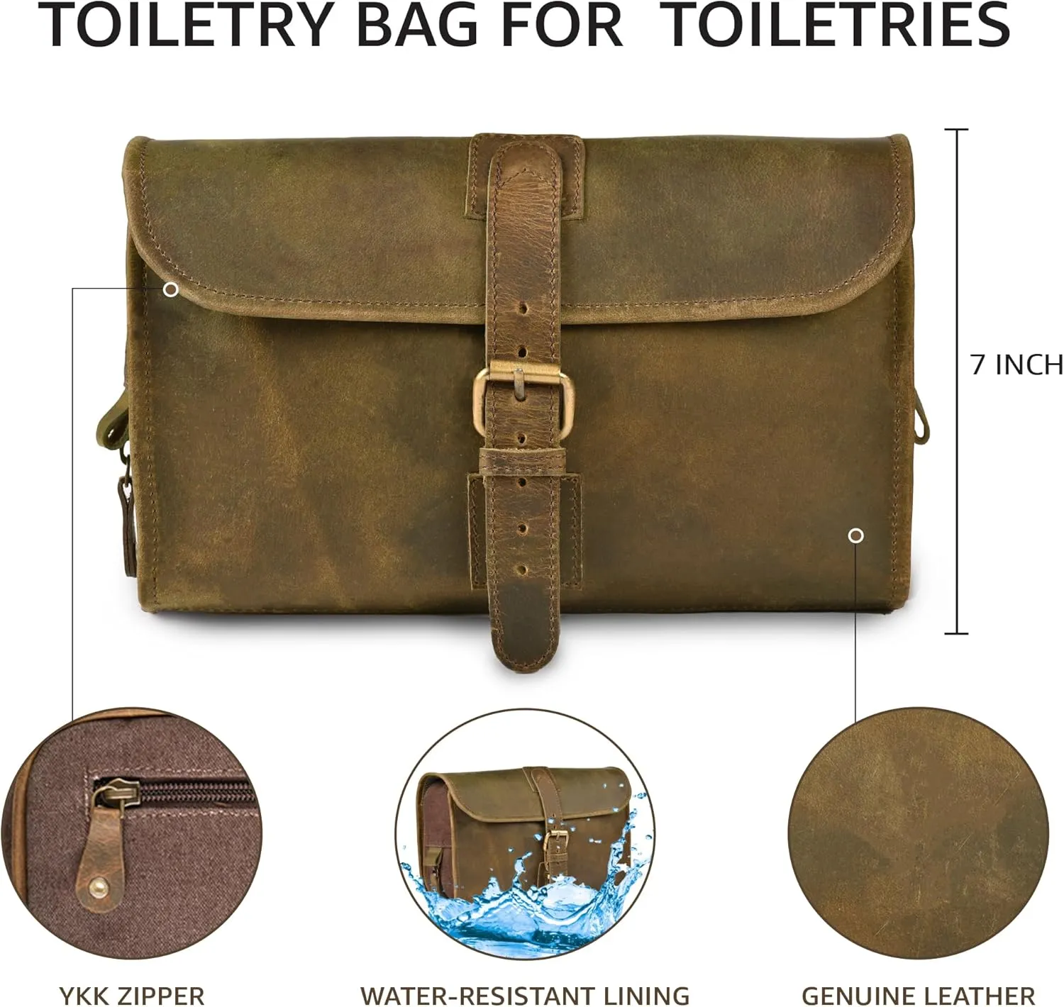 LEATHER VILLAGE Hanging Leather Toiletry Bag for Men & Women, Handcrafted Vintage Cosmetic & Shaving Organizer Travel Dopp Kit Shower Bag - Mud